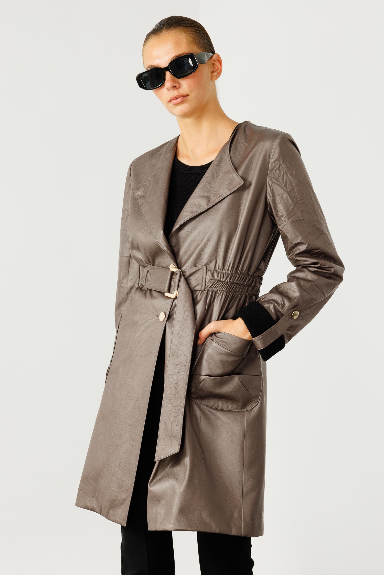 Modailgi  Beli Lastik ve Kuşak Detaylı Torba Cepli Şal Yaka Trenç Gri