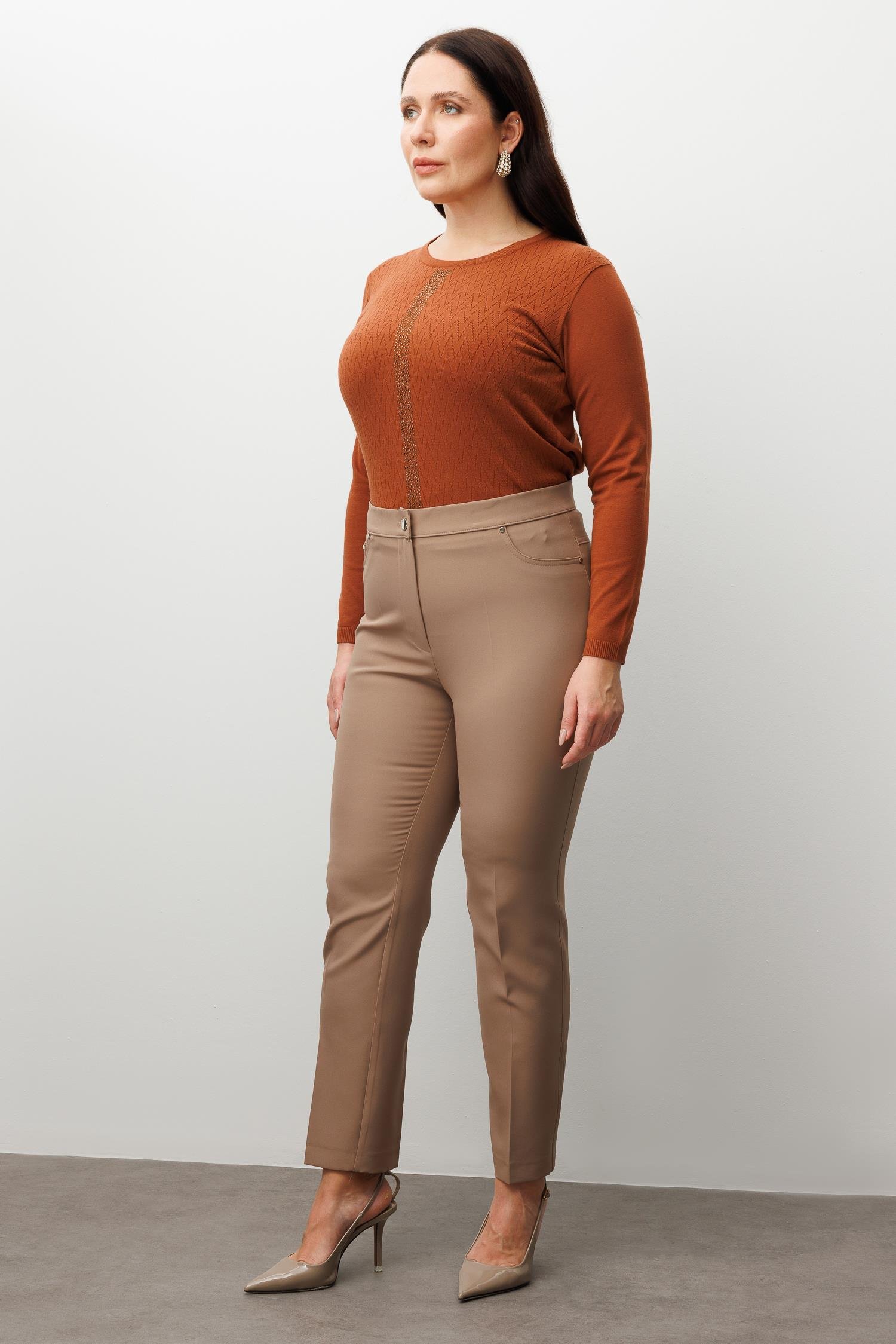 Modailgi  Beli Lastikli Beş Cep Dar Paça Pantolon Vizon