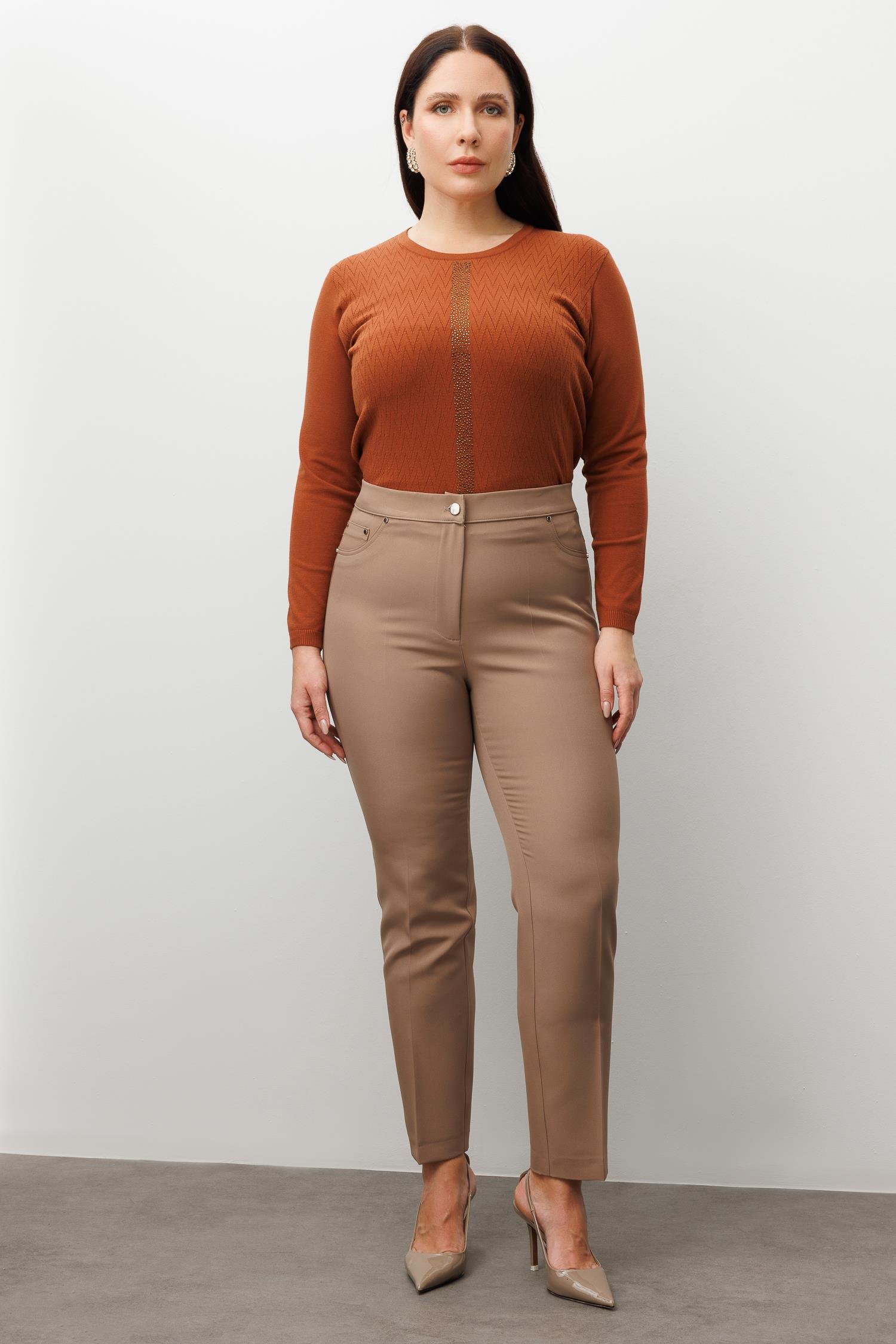 Modailgi  Beli Lastikli Beş Cep Dar Paça Pantolon Vizon