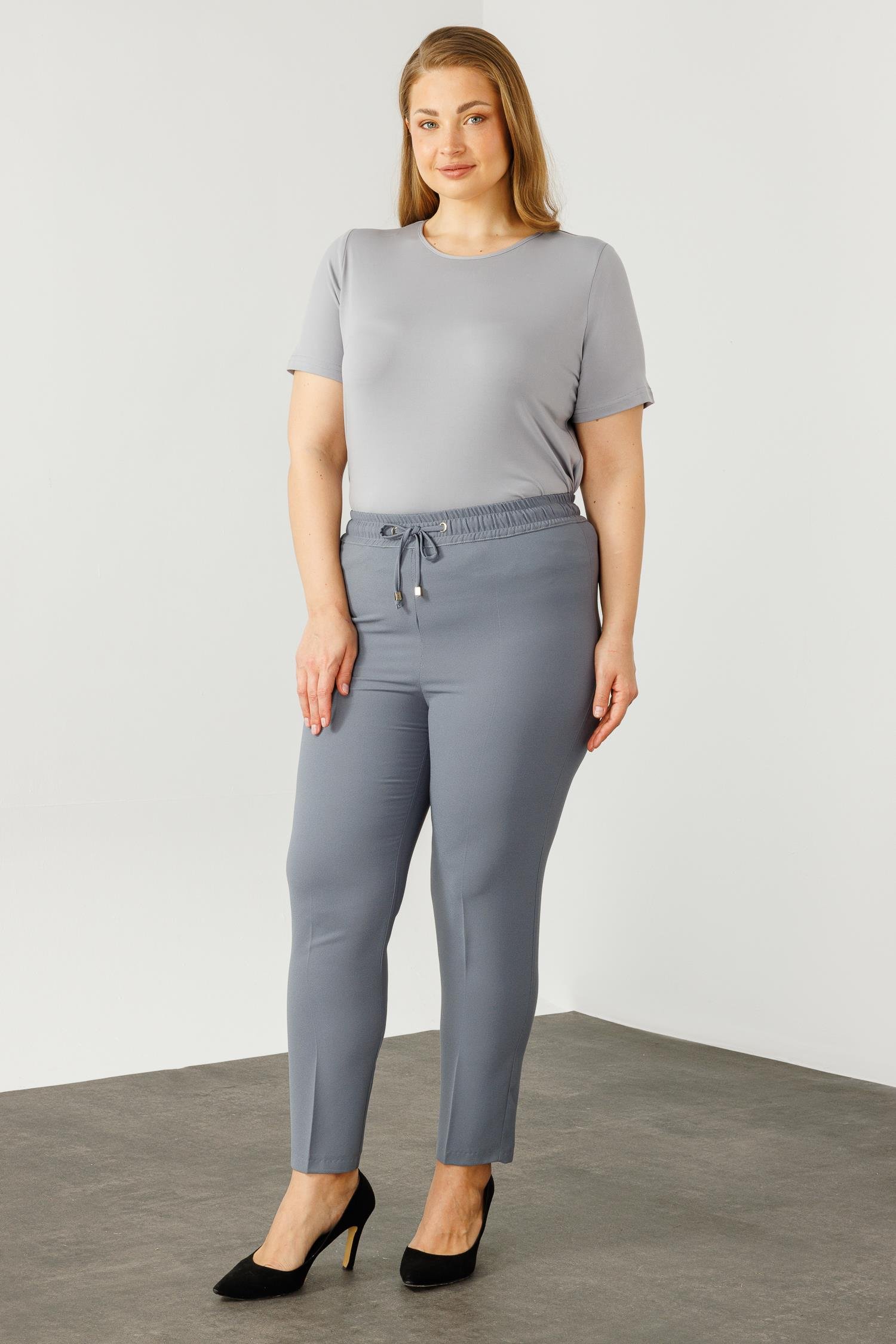 Modailgi  Beli Lastikli Krep Pantolon Gri