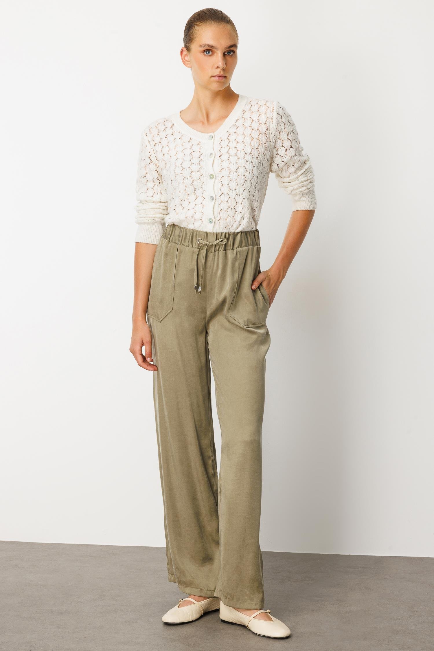 Modailgi  Beli Lastikli Torba Cepli Yüksek Bel Pantolon - 15039 Haki