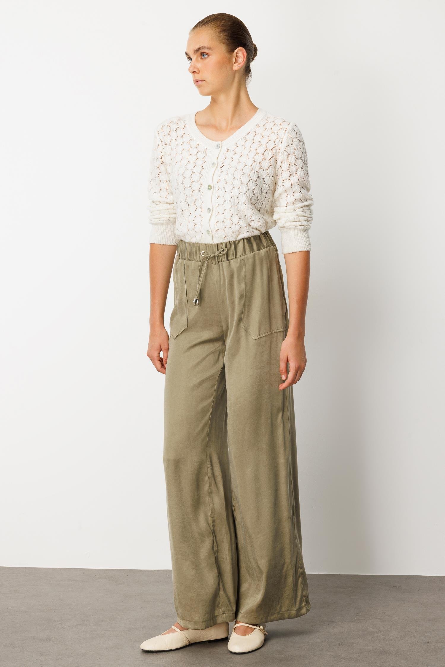 Modailgi  Beli Lastikli Torba Cepli Yüksek Bel Pantolon - 15039 Haki