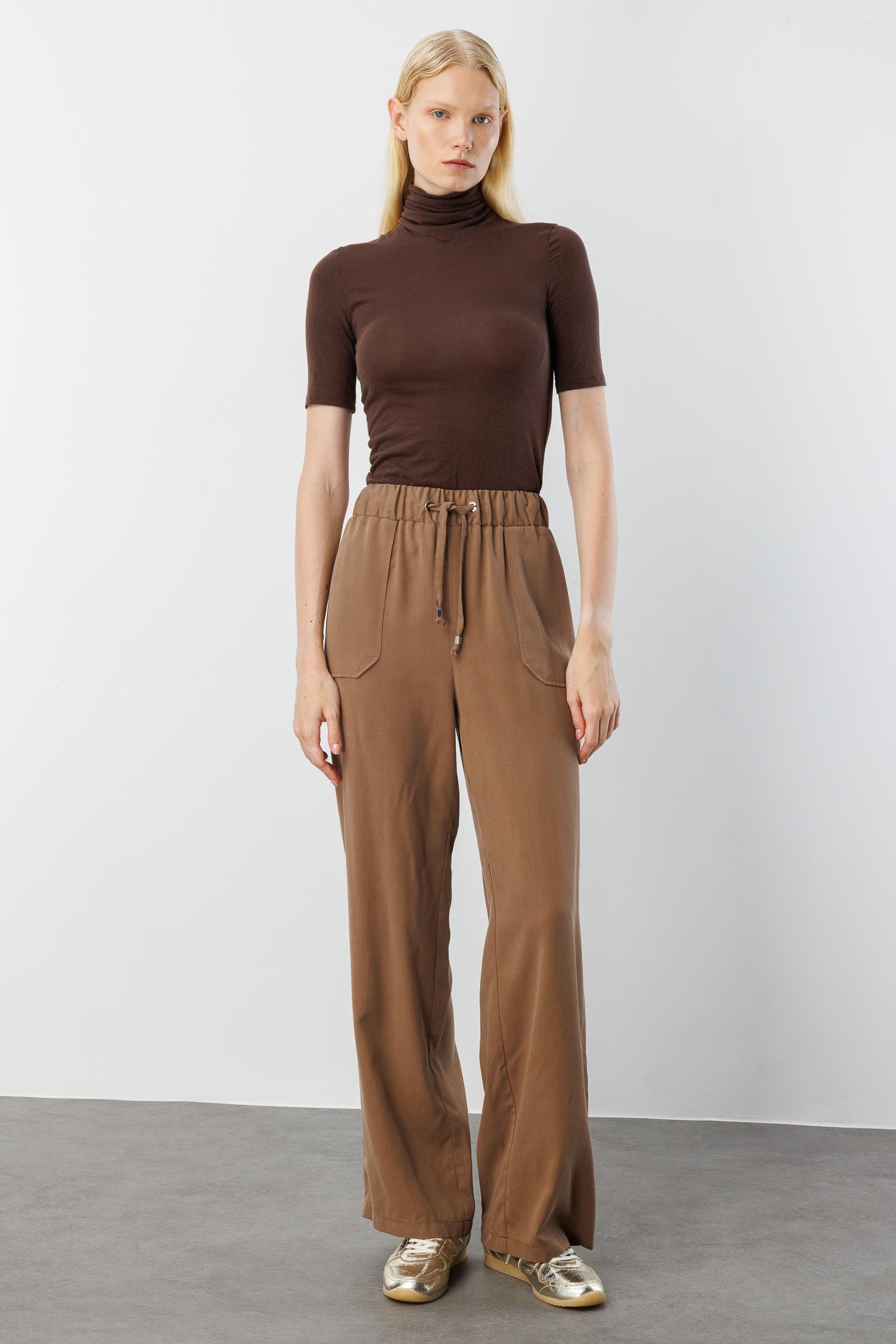 Modailgi  Beli Lastikli Tünel Bağcık Detaylı Torba Cepli Pantolon - 15042 Vizon