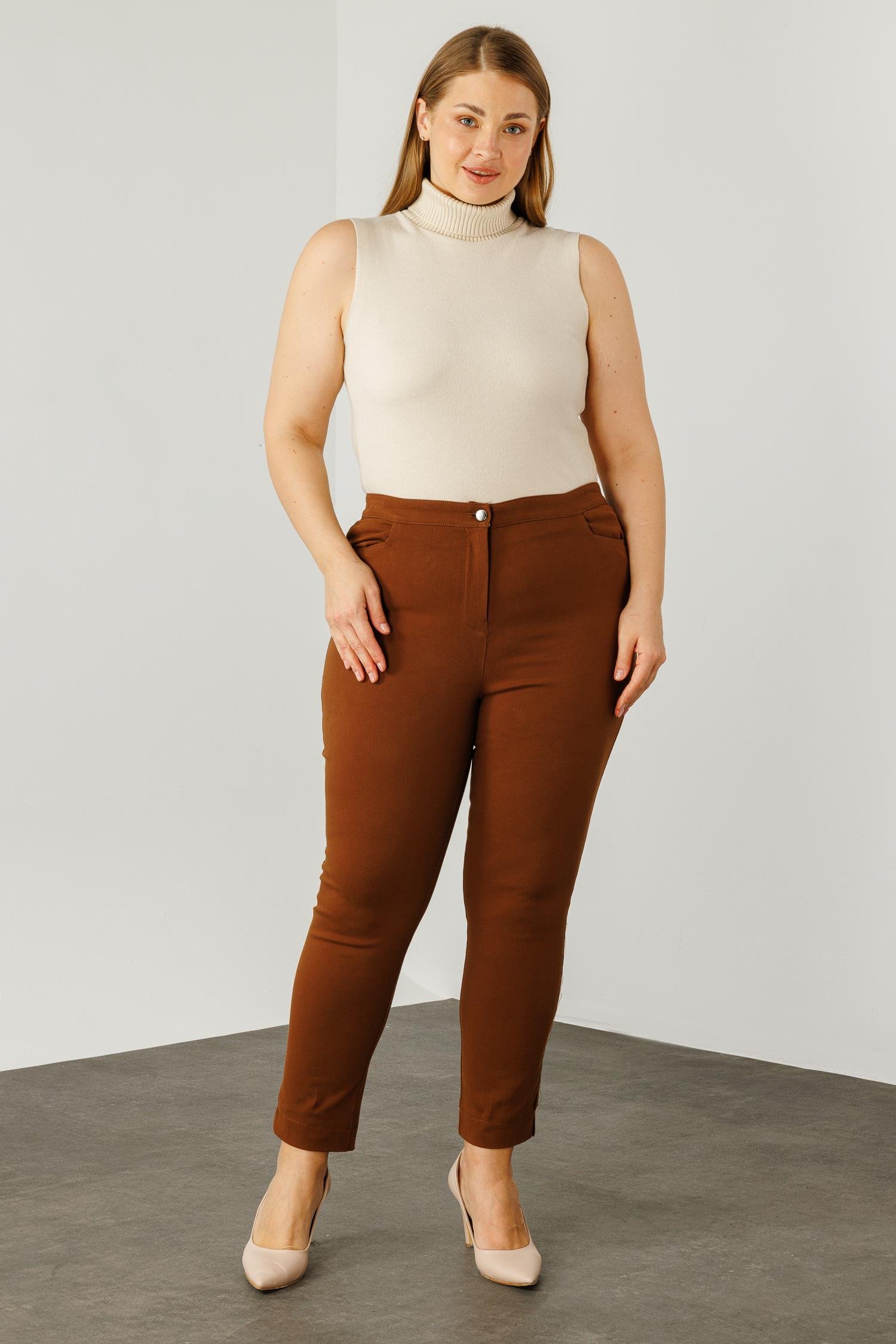 Modailgi  Beli Lastikli Yan Cep Kanvas Pantolon Taba