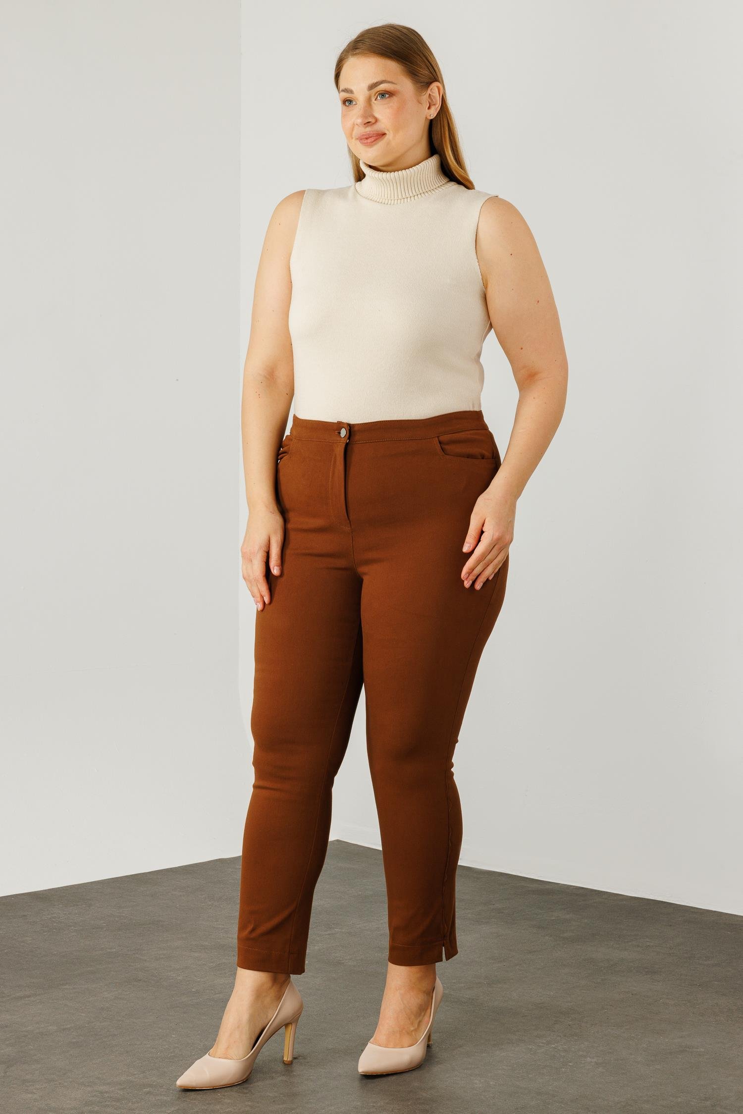 Modailgi  Beli Lastikli Yan Cep Kanvas Pantolon Taba