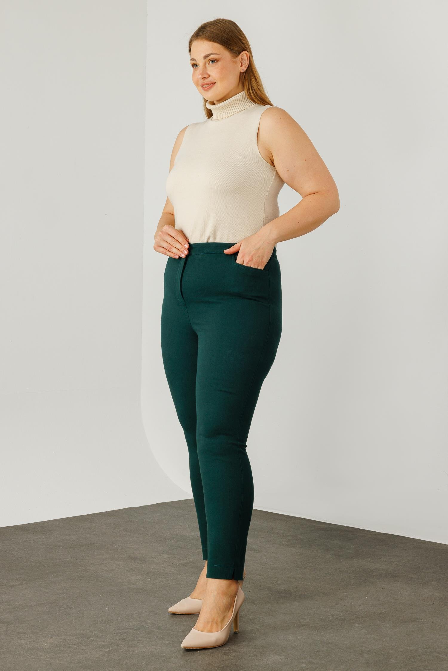 Modailgi  Beli Lastikli Yan Cep Kanvas Pantolon Zümrüt