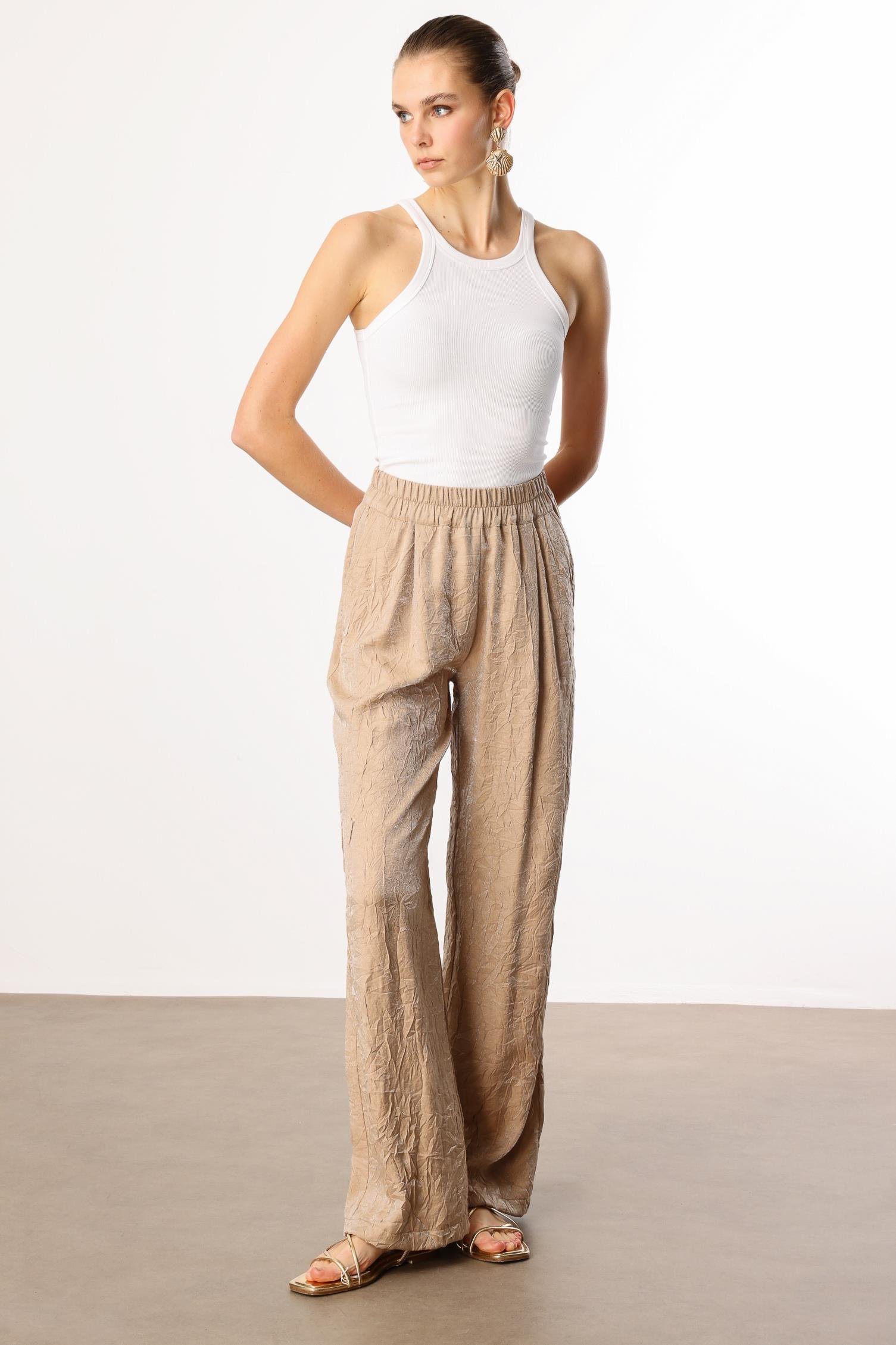 Modailgi  Beli Lastikli Yandan Cepli Pile Detaylı Pantolon - 15052 Camel