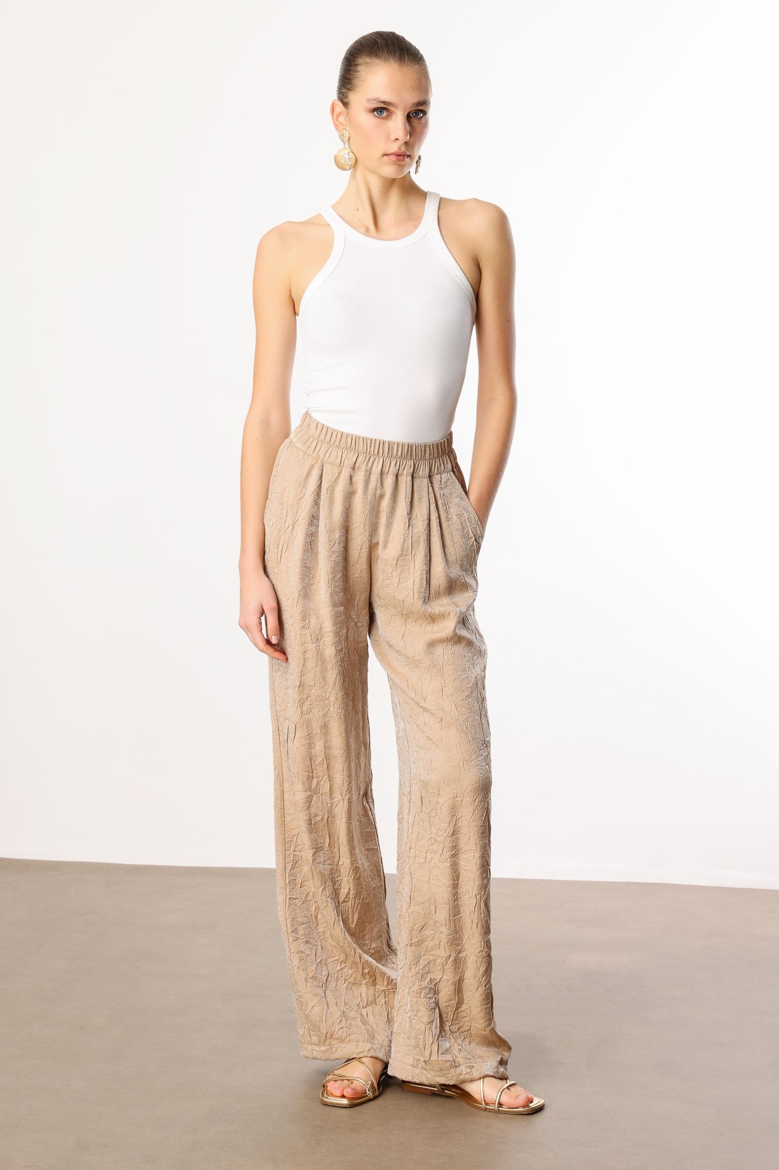 Modailgi  Beli Lastikli Yandan Cepli Pile Detaylı Pantolon - 15052 Camel