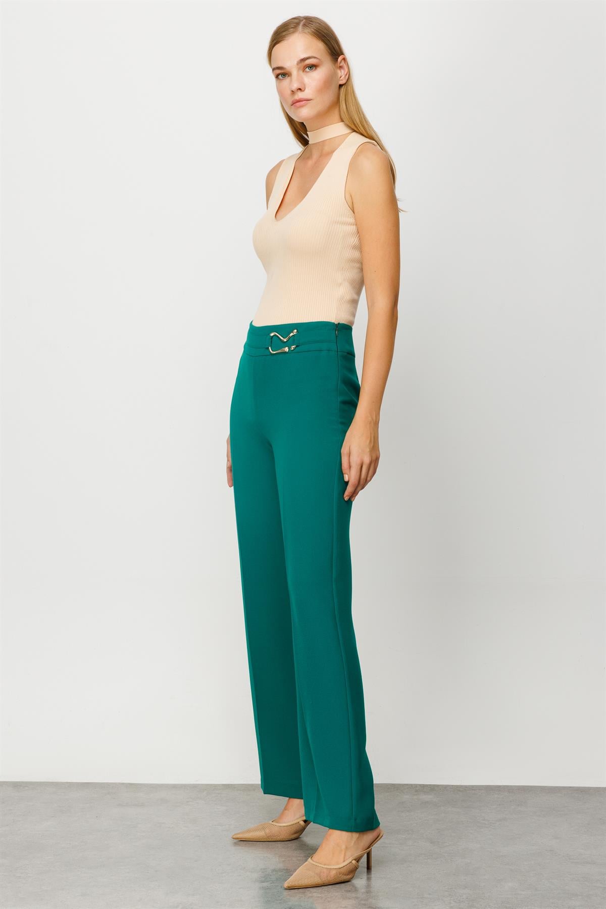 Modailgi  Beli Metal Toka Detaylı Pantolon Yeşil