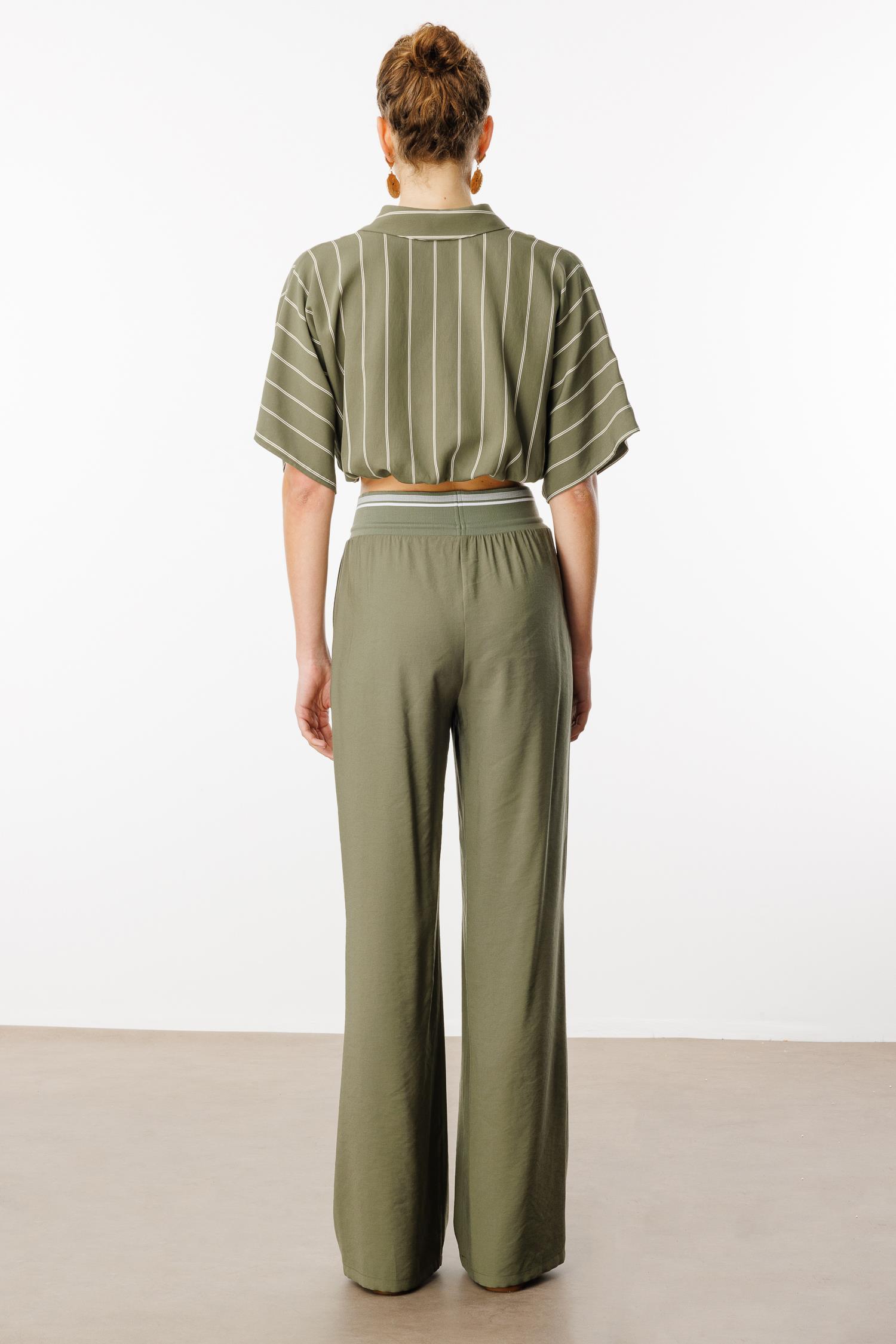 Modailgi  Beli Ribanalı Pileli Yan Cepli Yüksek Bel Bol Pantolon - 15020,10021 Haki