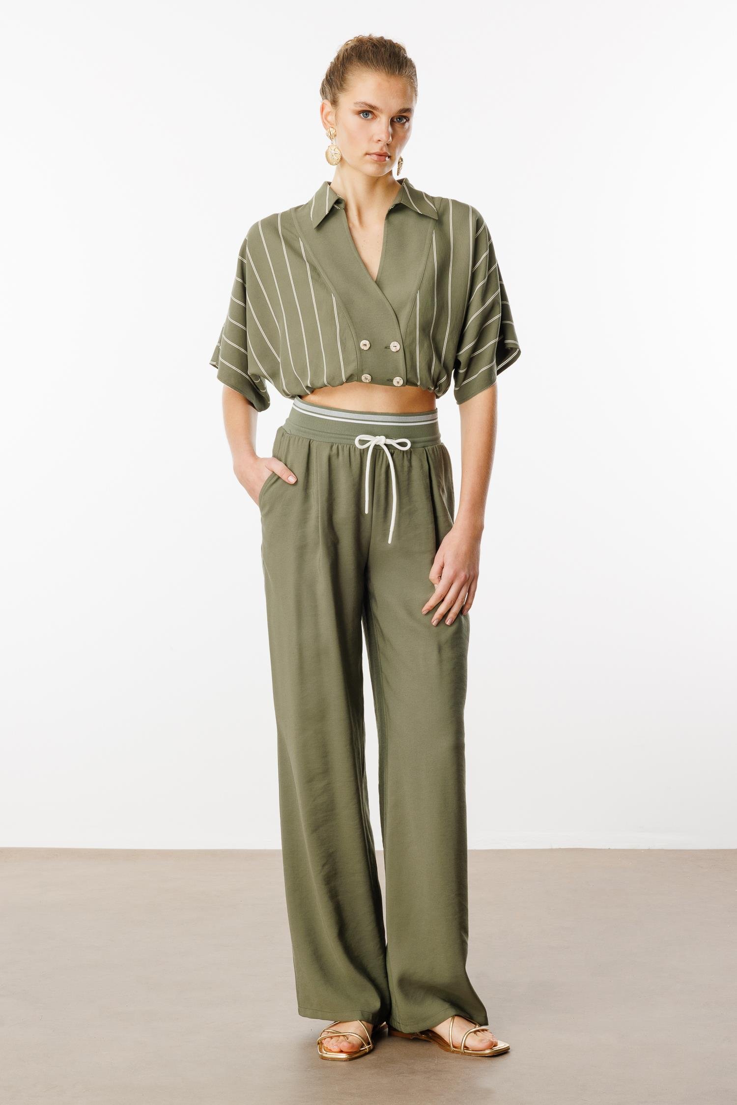 Modailgi  Beli Ribanalı Pileli Yan Cepli Yüksek Bel Bol Pantolon - 15020,10021 Haki