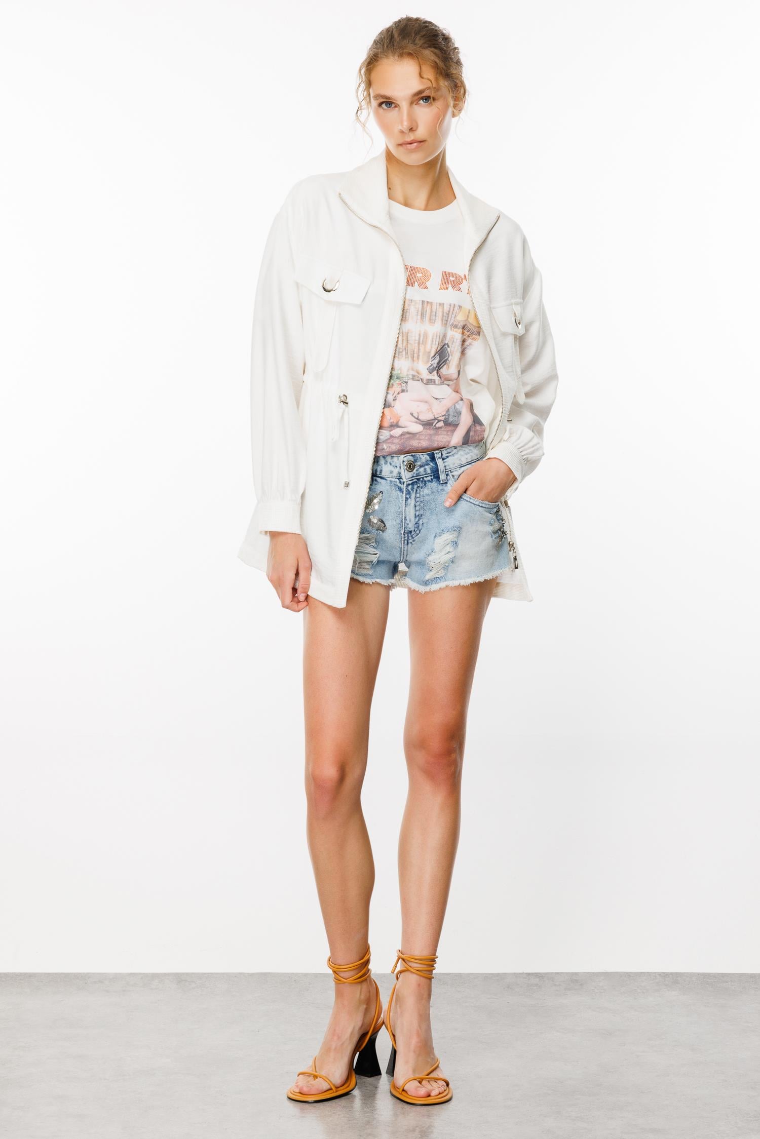 Modailgi  Beli Tünelli Dik Yaka Kısa Tunik Ekru