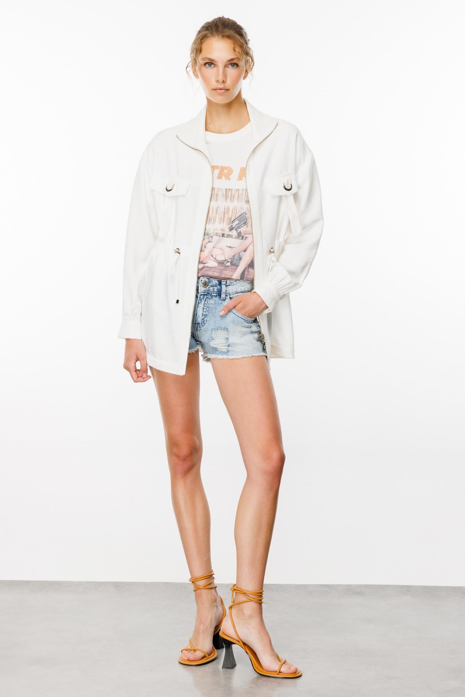 Modailgi  Beli Tünelli Dik Yaka Kısa Tunik Ekru