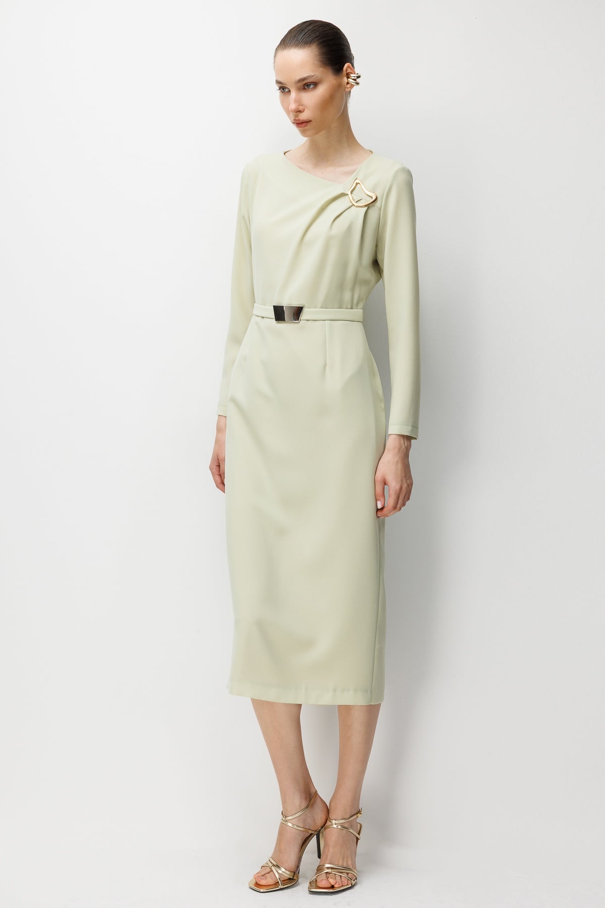 Modailgi  Belinde ve Omuzunda Metal Aksesuar Detaylı Elbise Mint
