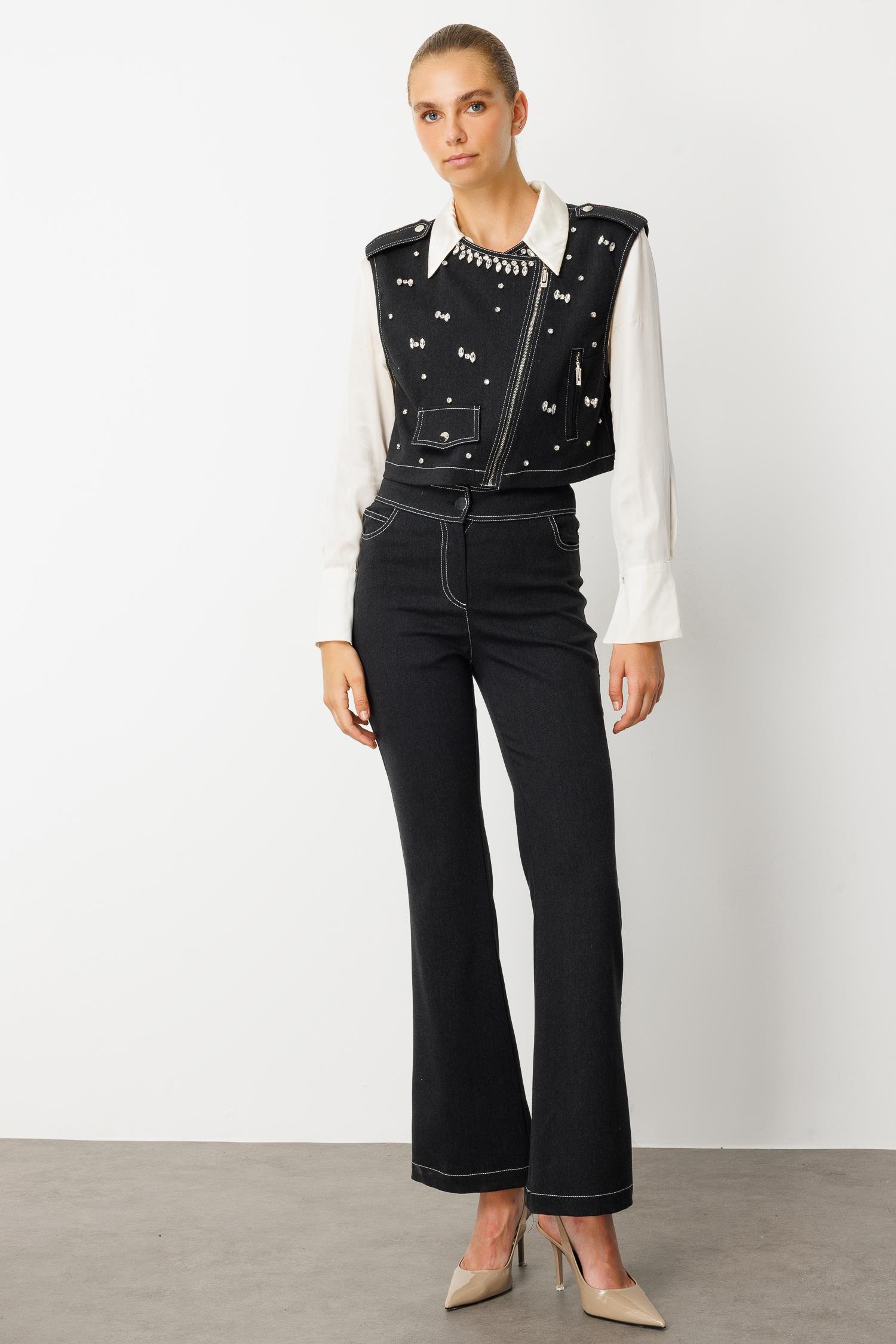 Modailgi  Beyoğlu Taşlı Fermuar Detaylı Crop Yelek - 47001 Siyah