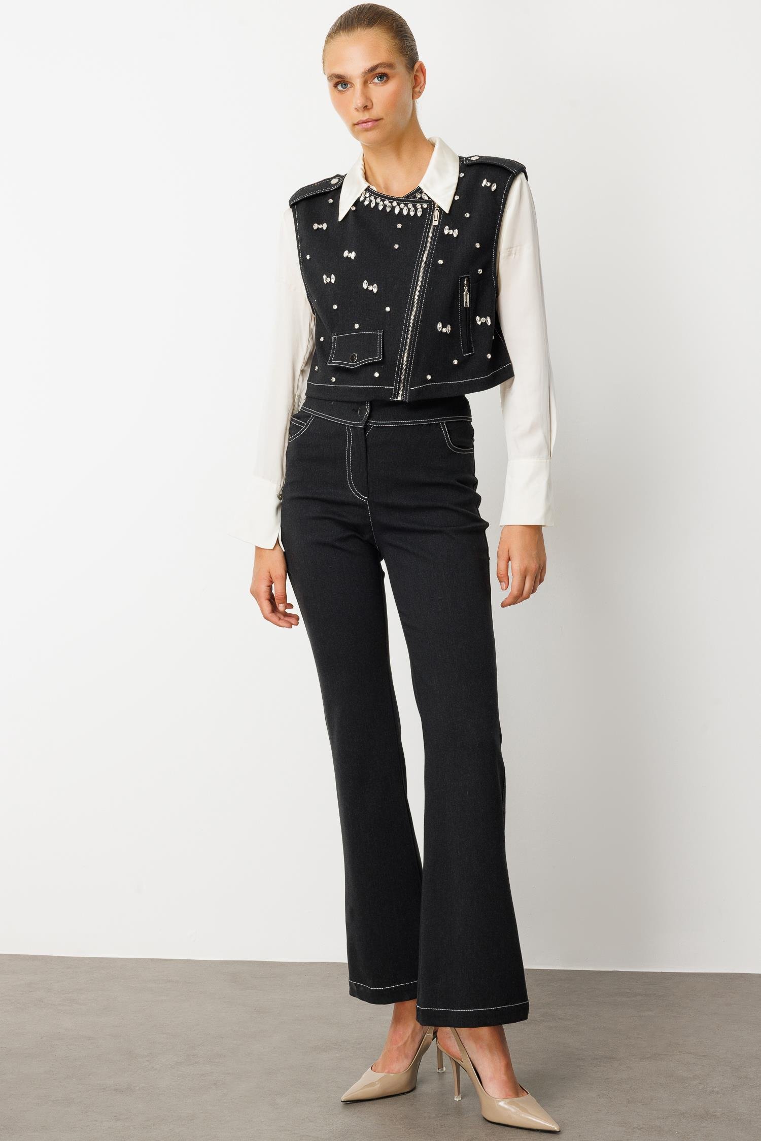 Modailgi  Beyoğlu Taşlı Fermuar Detaylı Crop Yelek - 47001 Siyah