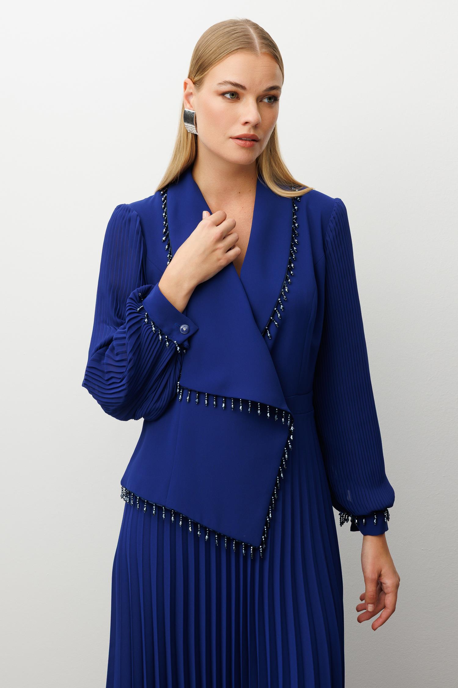 Modailgi  Boncuk Detaylı Piliseli Uzun Elbise Morcivert