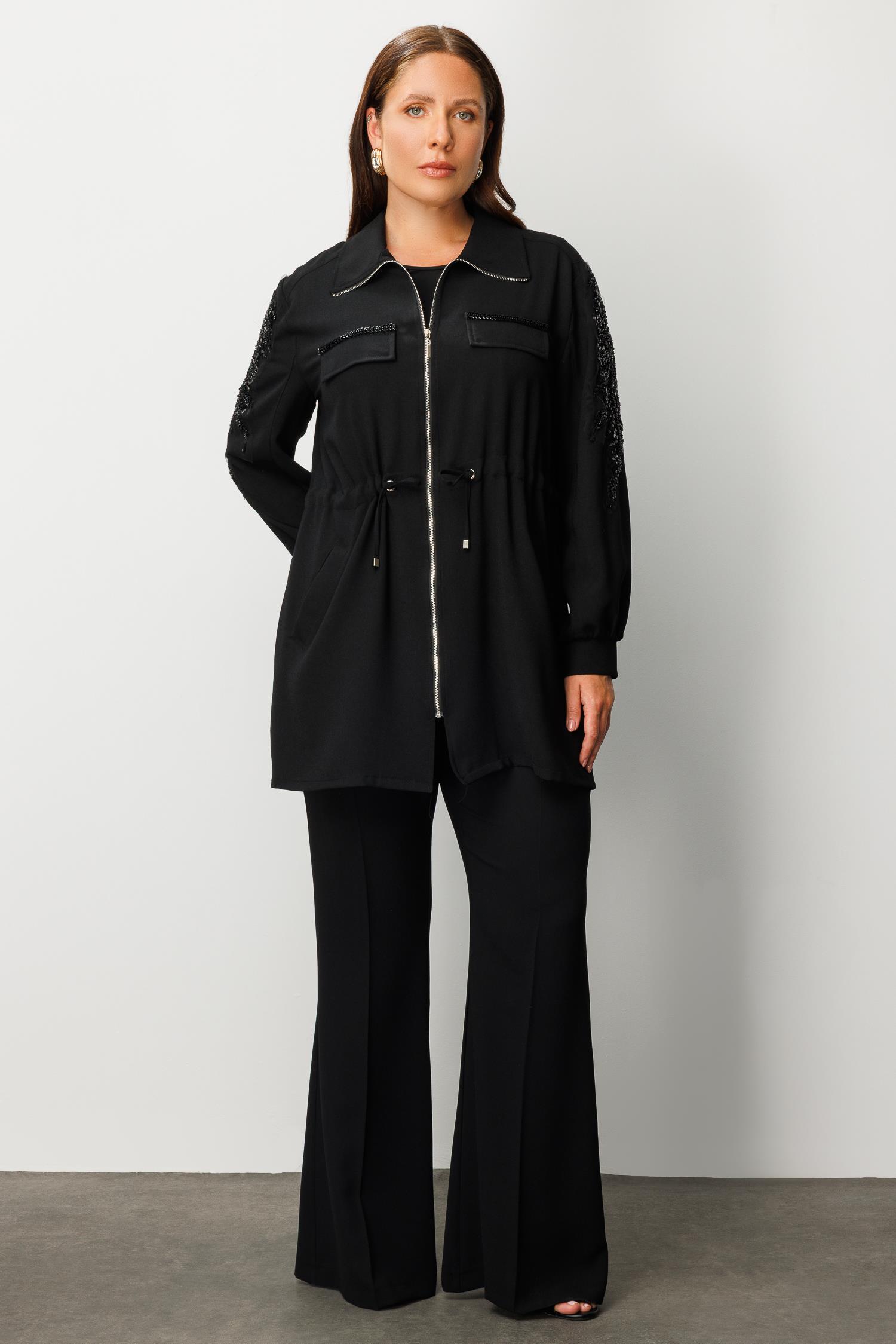 Modailgi  Cep Kapaklı Beli Büzgülü Kolu Aksesuarlı Tunik Siyah