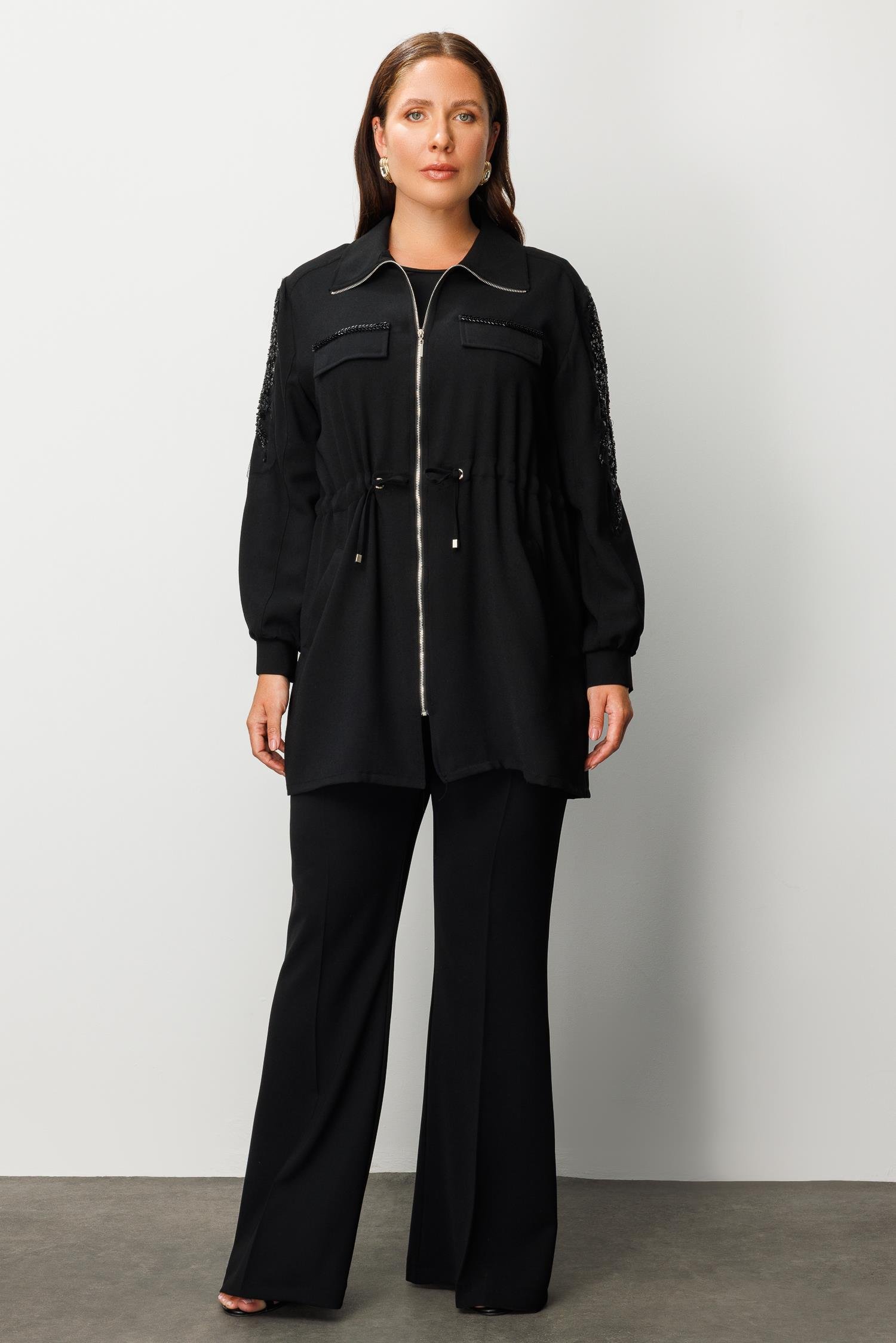 Modailgi  Cep Kapaklı Beli Büzgülü Kolu Aksesuarlı Tunik Siyah