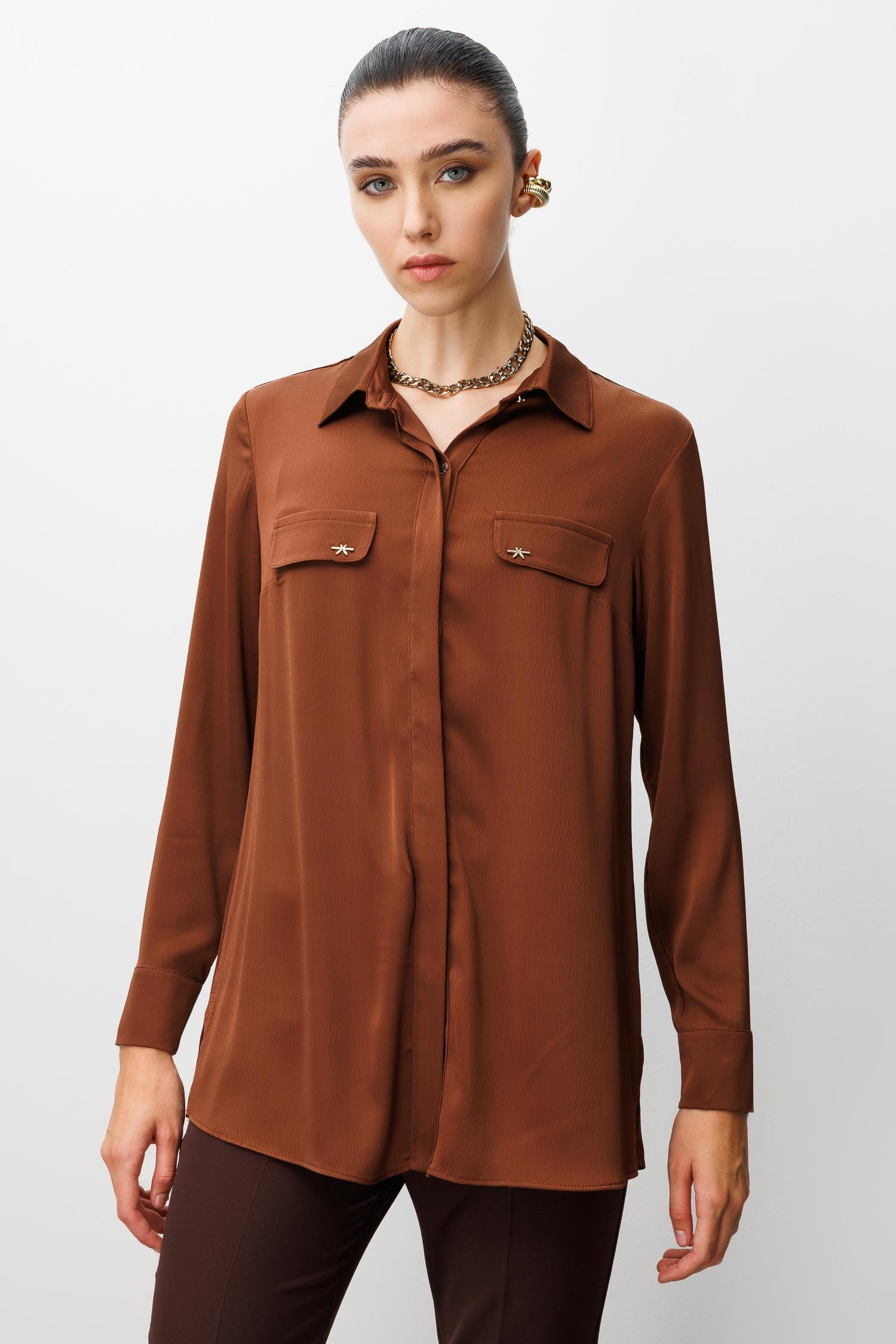 Modailgi  Cep Kapaklı Kolları Apoletli Saten Gömlek Kahve