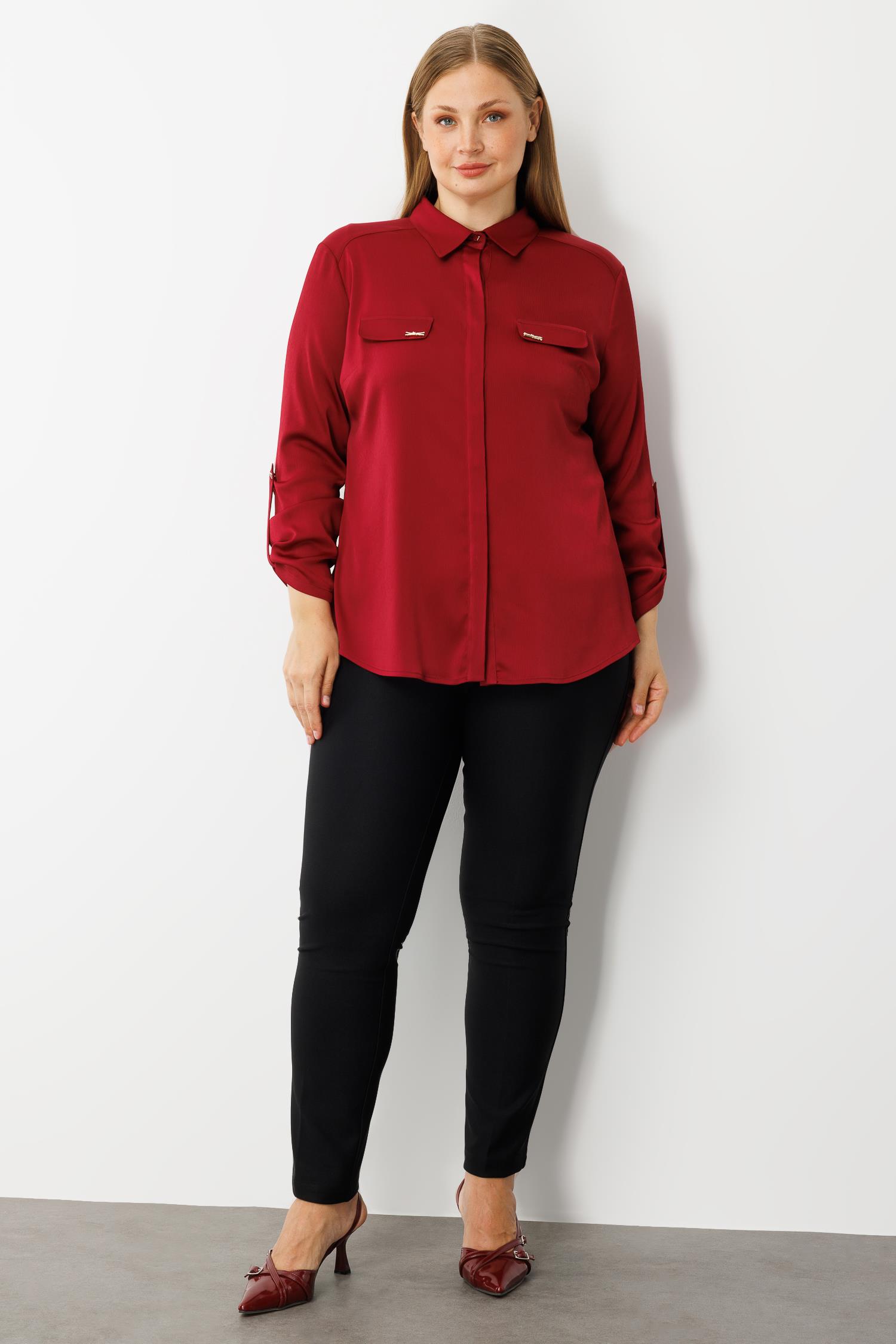 Modailgi  Cep Kapaklı Kolları Apoletli Saten Gömlek Bordo