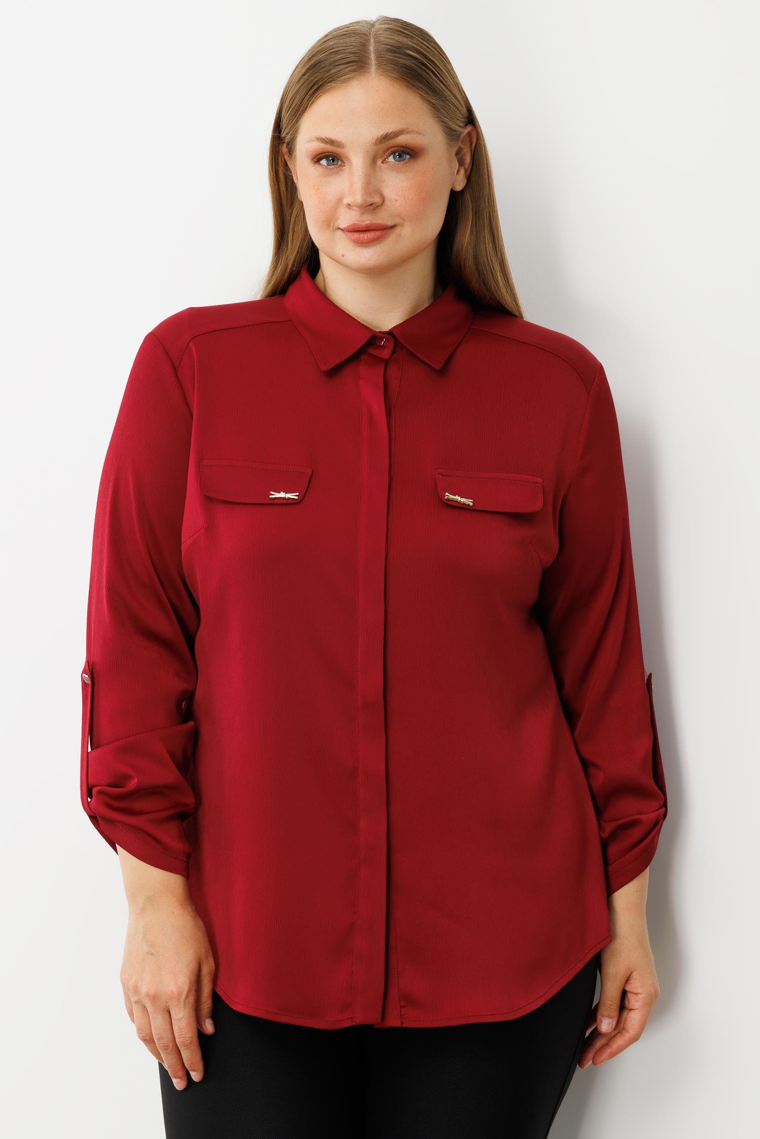 Modailgi  Cep Kapaklı Kolları Apoletli Saten Gömlek Bordo