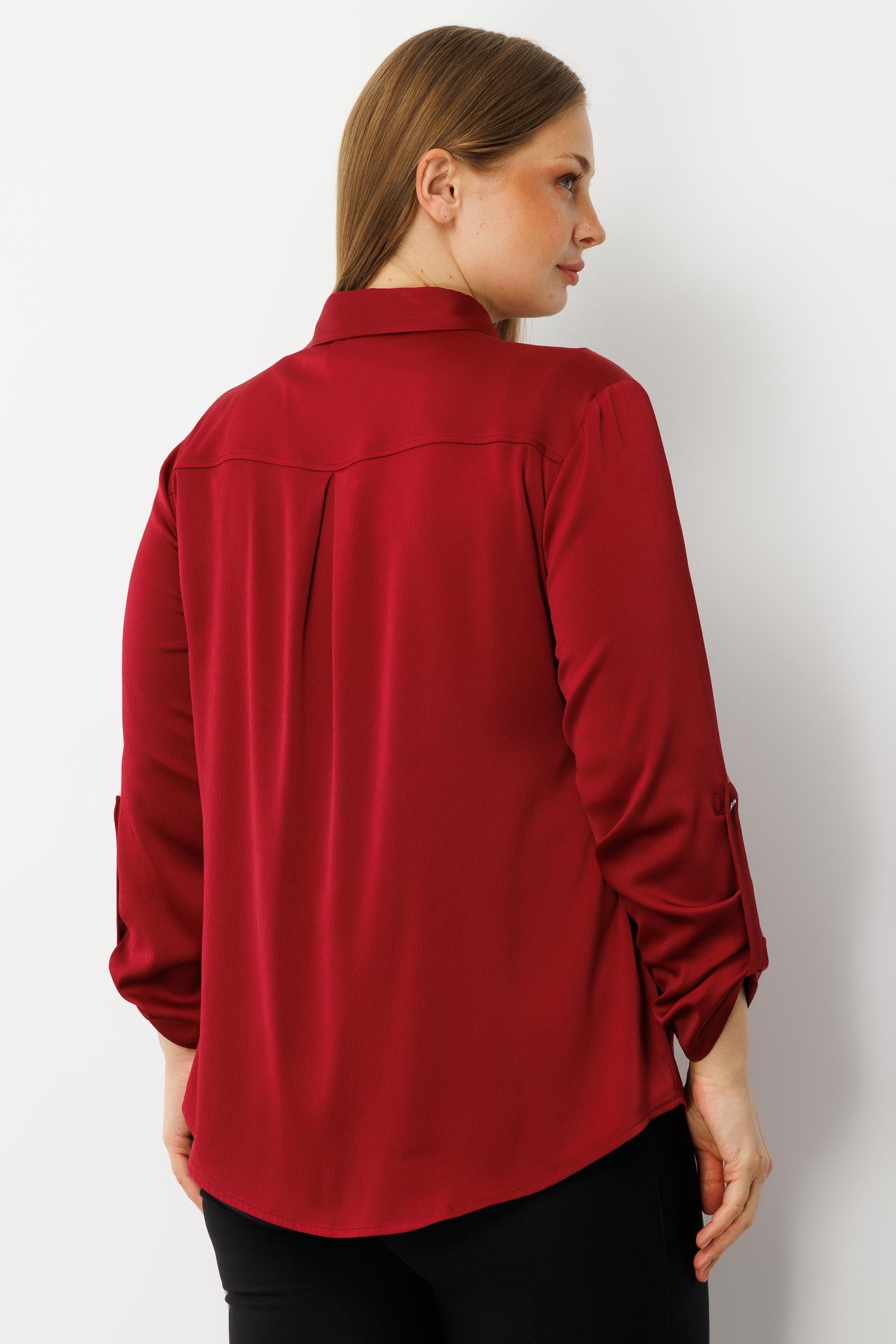 Modailgi  Cep Kapaklı Kolları Apoletli Saten Gömlek Bordo