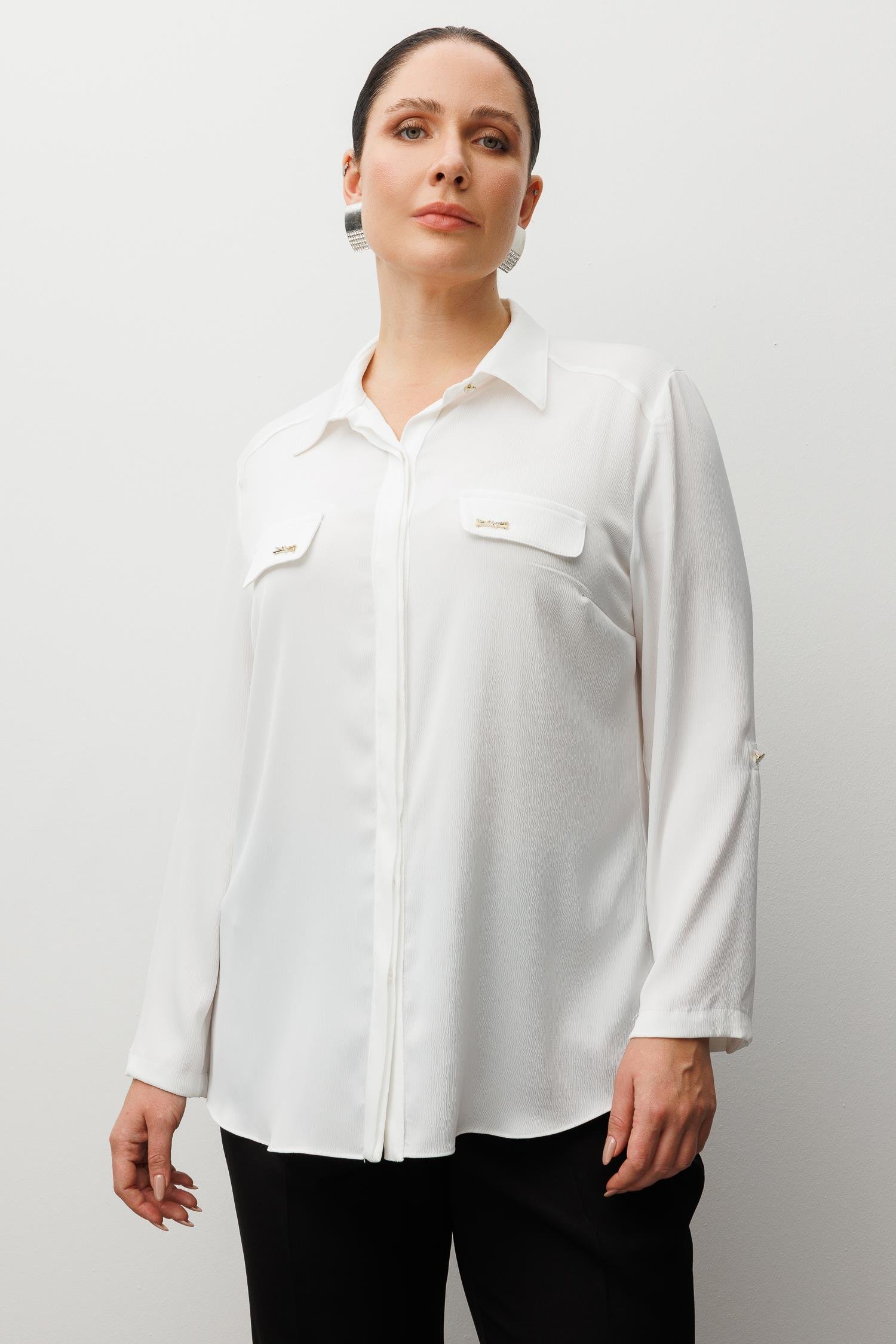 Modailgi  Cep Kapaklı Kolları Apoletli Saten Gömlek Ekru