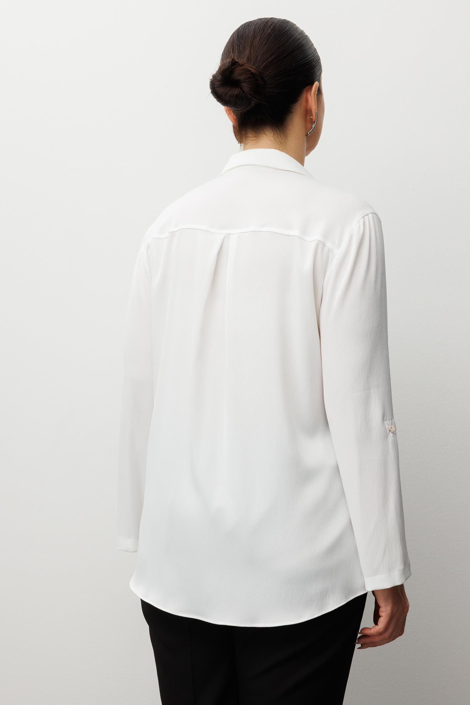 Modailgi  Cep Kapaklı Kolları Apoletli Saten Gömlek Ekru