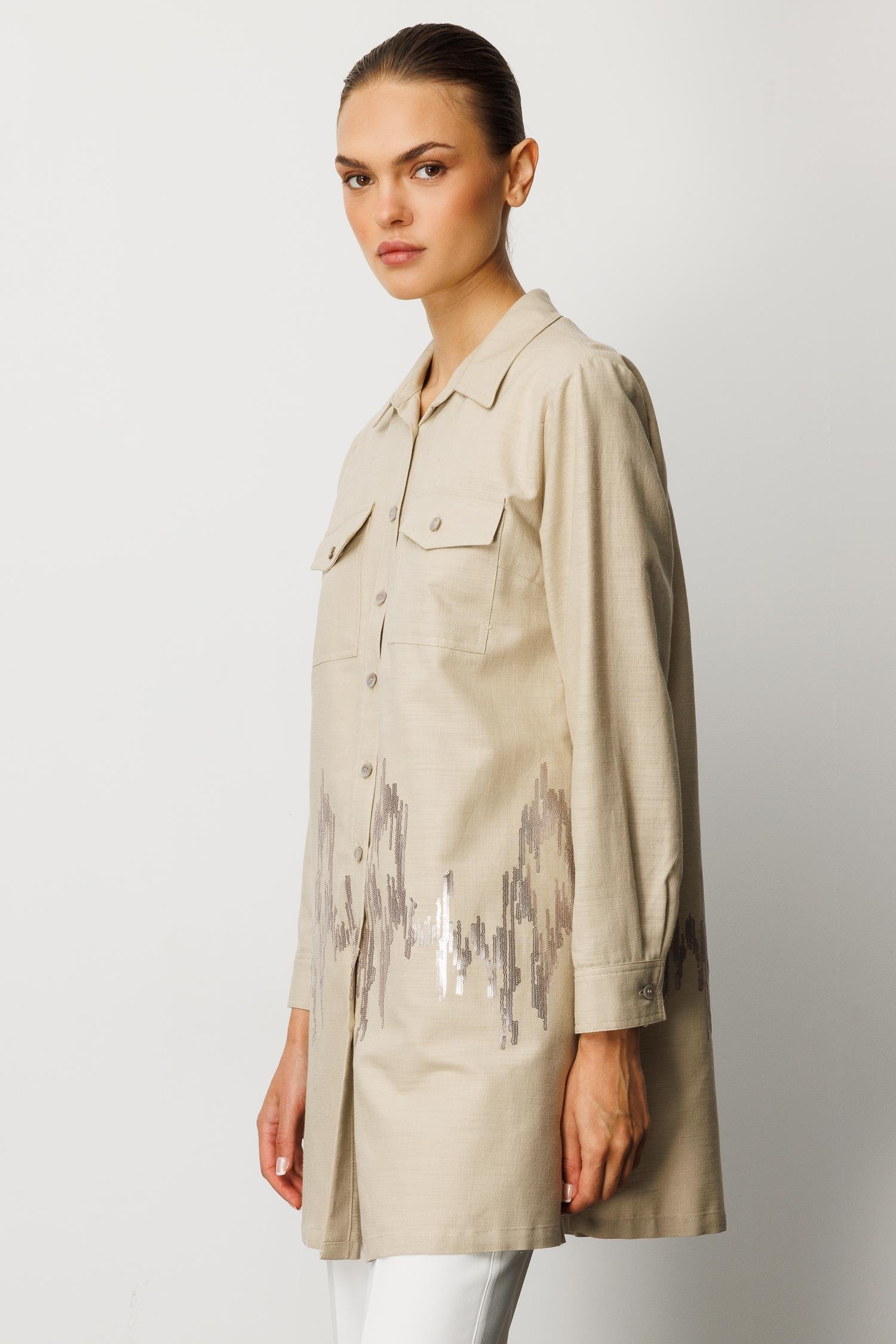 Modailgi  Cep Kapaklı Pul Nakış Detaylı Tunik Vizon