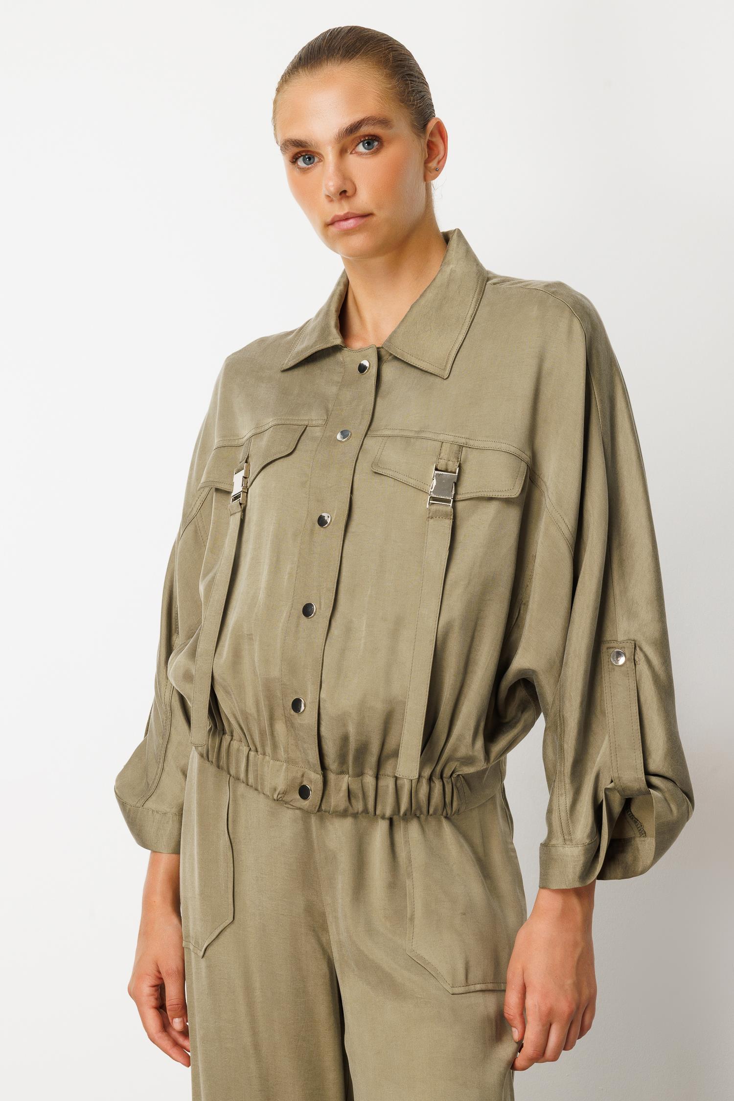 Modailgi  Cepleri Metal Aksesuarlı Beli Lastikli Gömlek - 40039 Haki