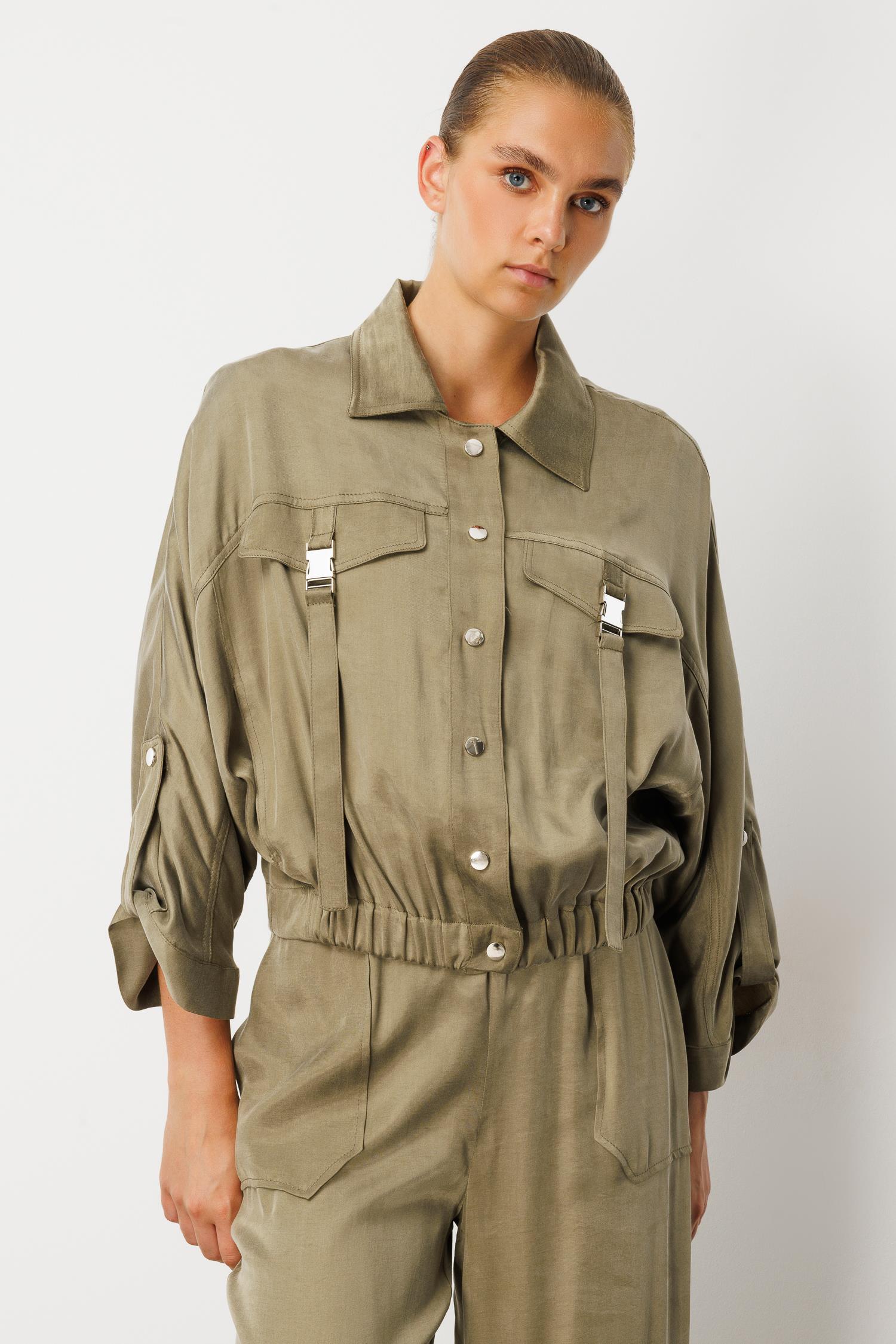 Modailgi  Cepleri Metal Aksesuarlı Beli Lastikli Gömlek - 40039 Haki