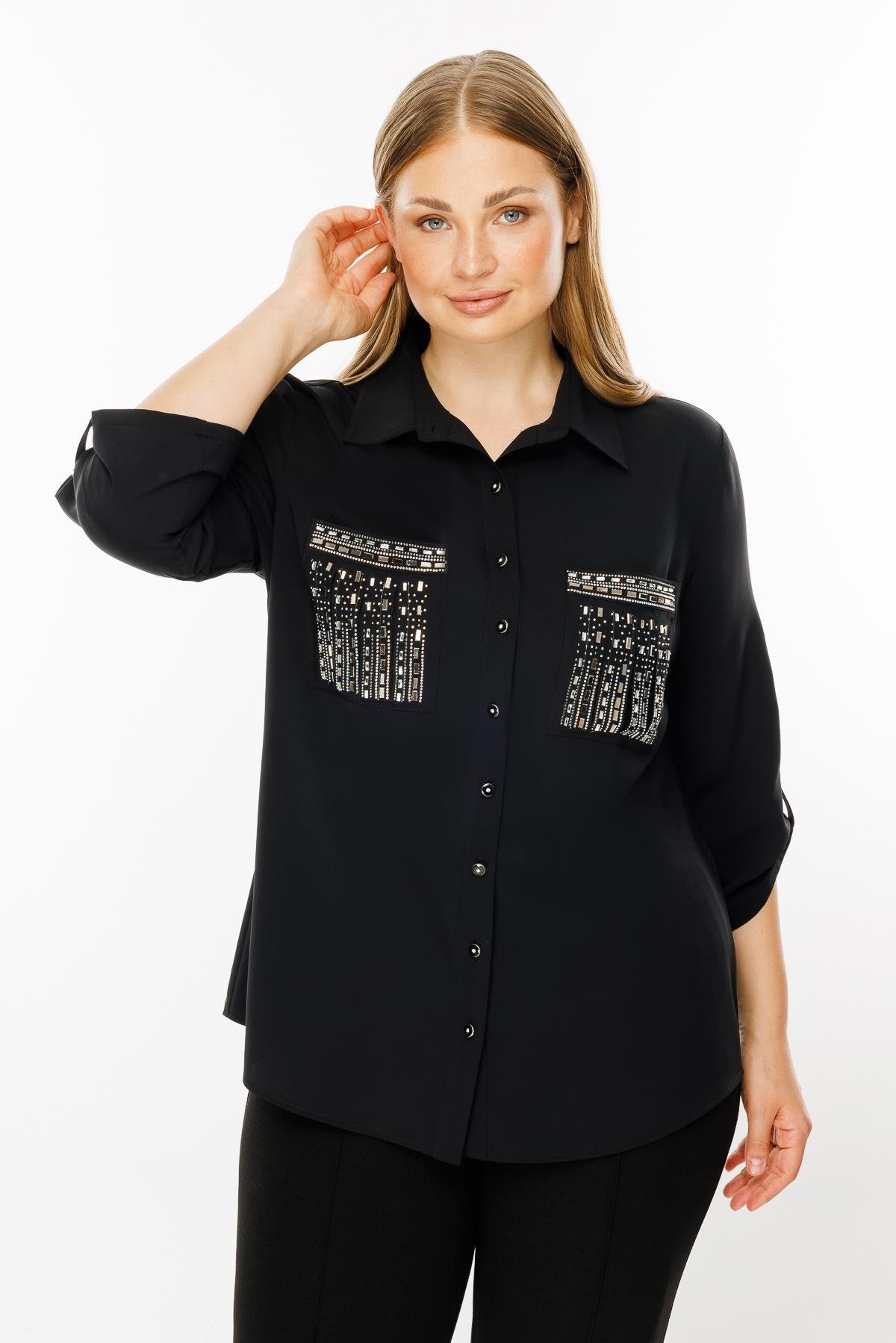 Modailgi  Cepleri Taşlı Gömlek Siyah