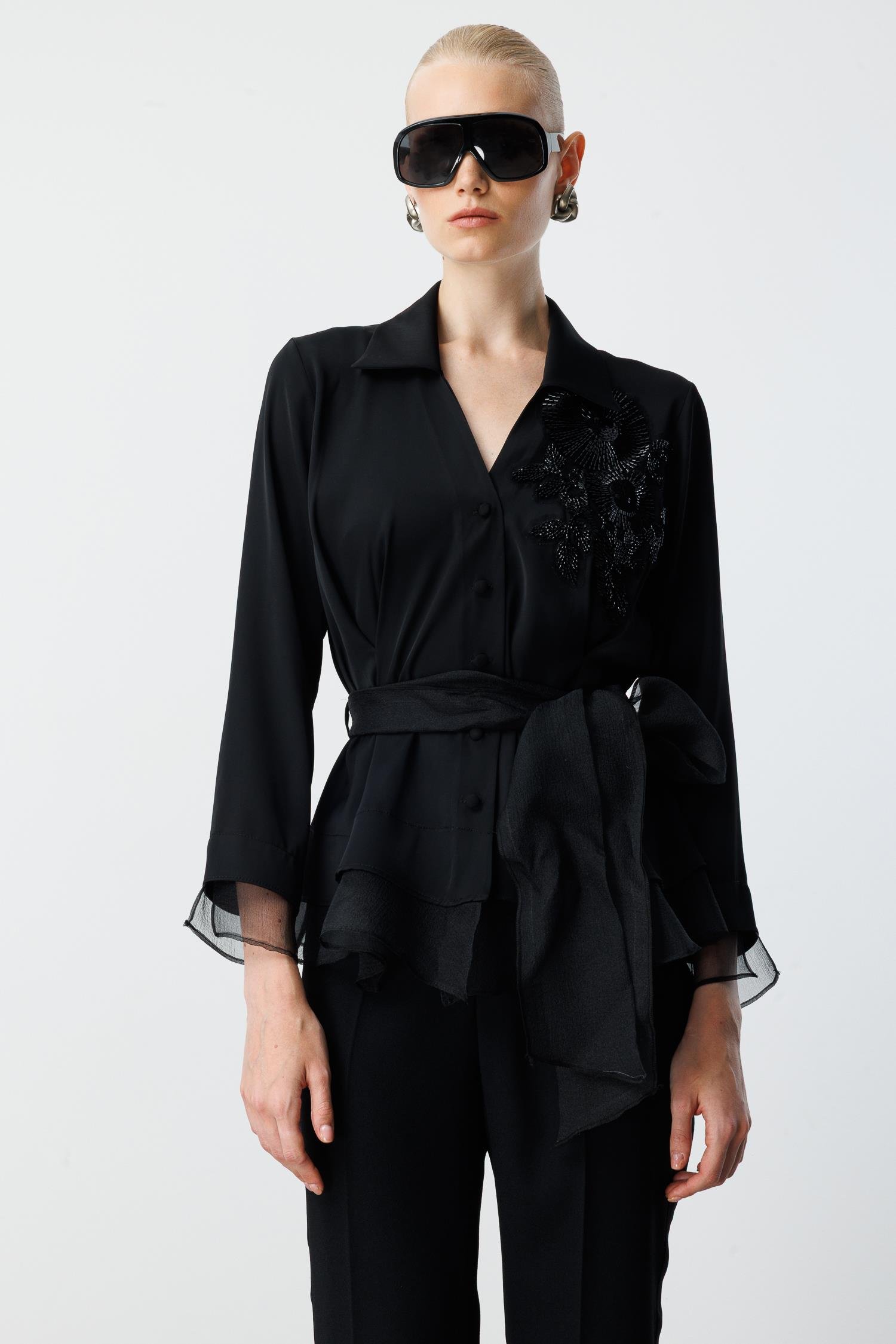 Modailgi  Çiçek Desen İşlemeli Organze Tüllü Gömlek Siyah