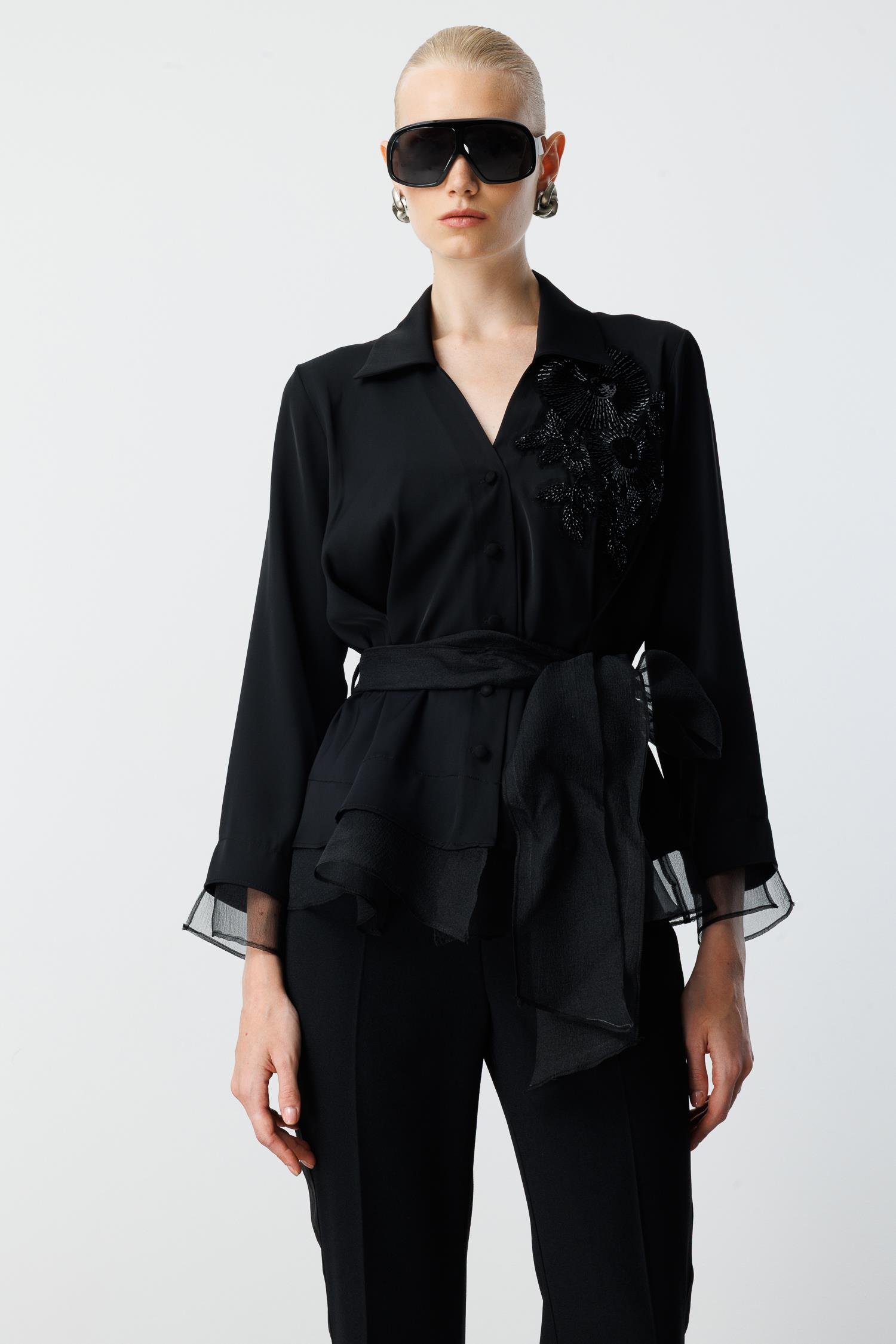 Modailgi  Çiçek Desen İşlemeli Organze Tüllü Gömlek Siyah