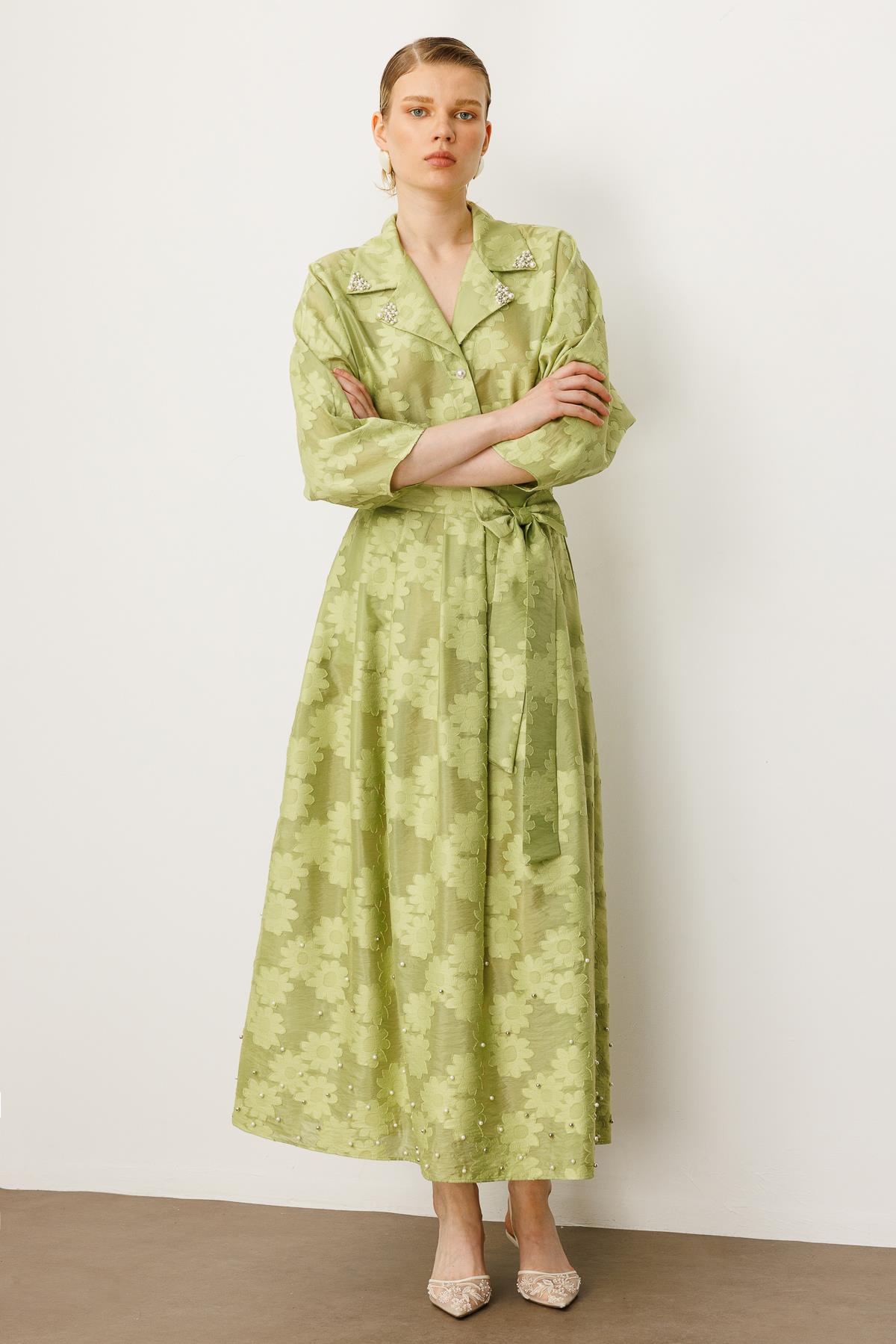 Modailgi  Çiçek Desenli Fiyonk Detaylı Yüksek Bel Etek Yeşil