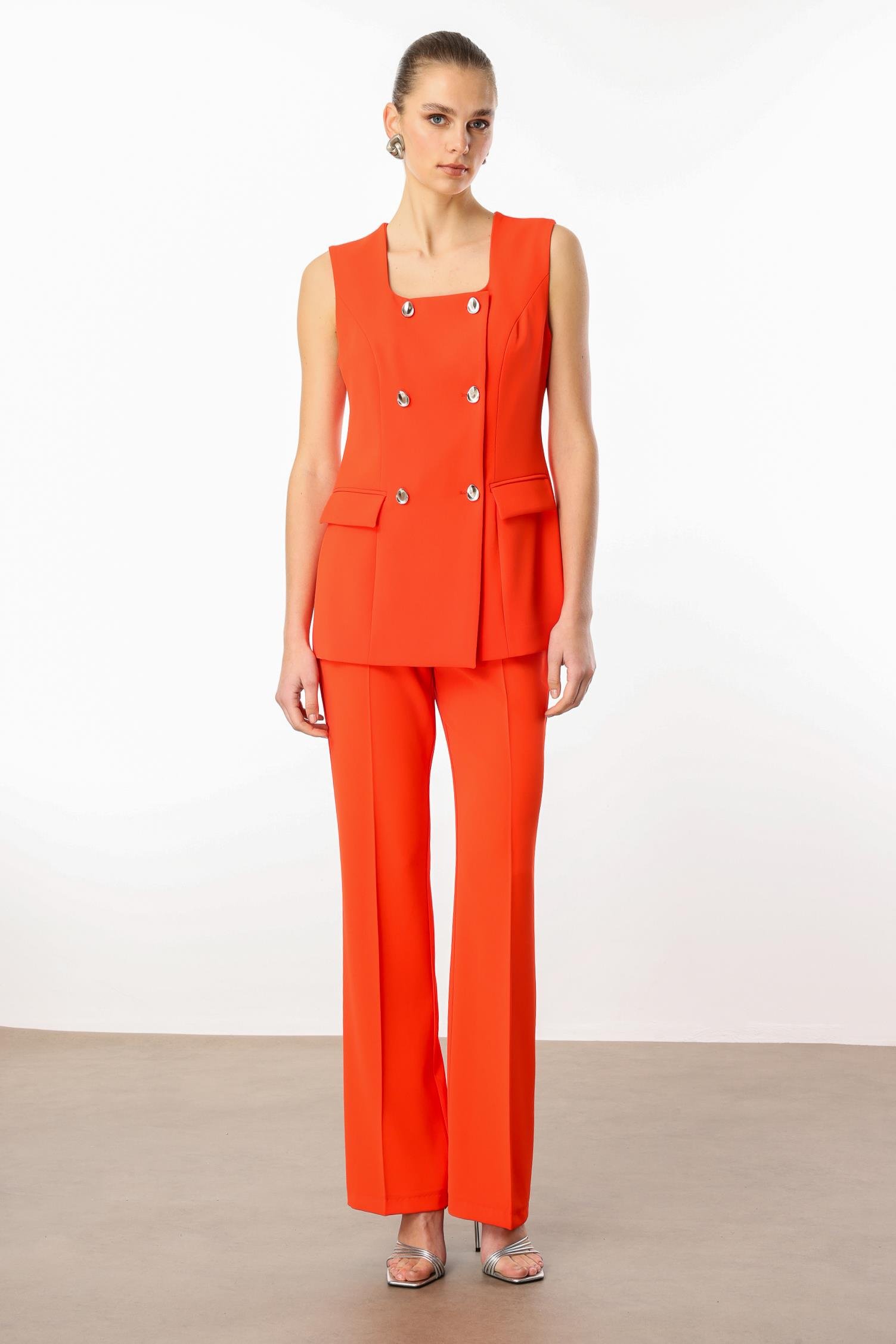 Modailgi  Çift Düğme Detaylı Kare Yaka Uzun Yelek - 4139 Mercan