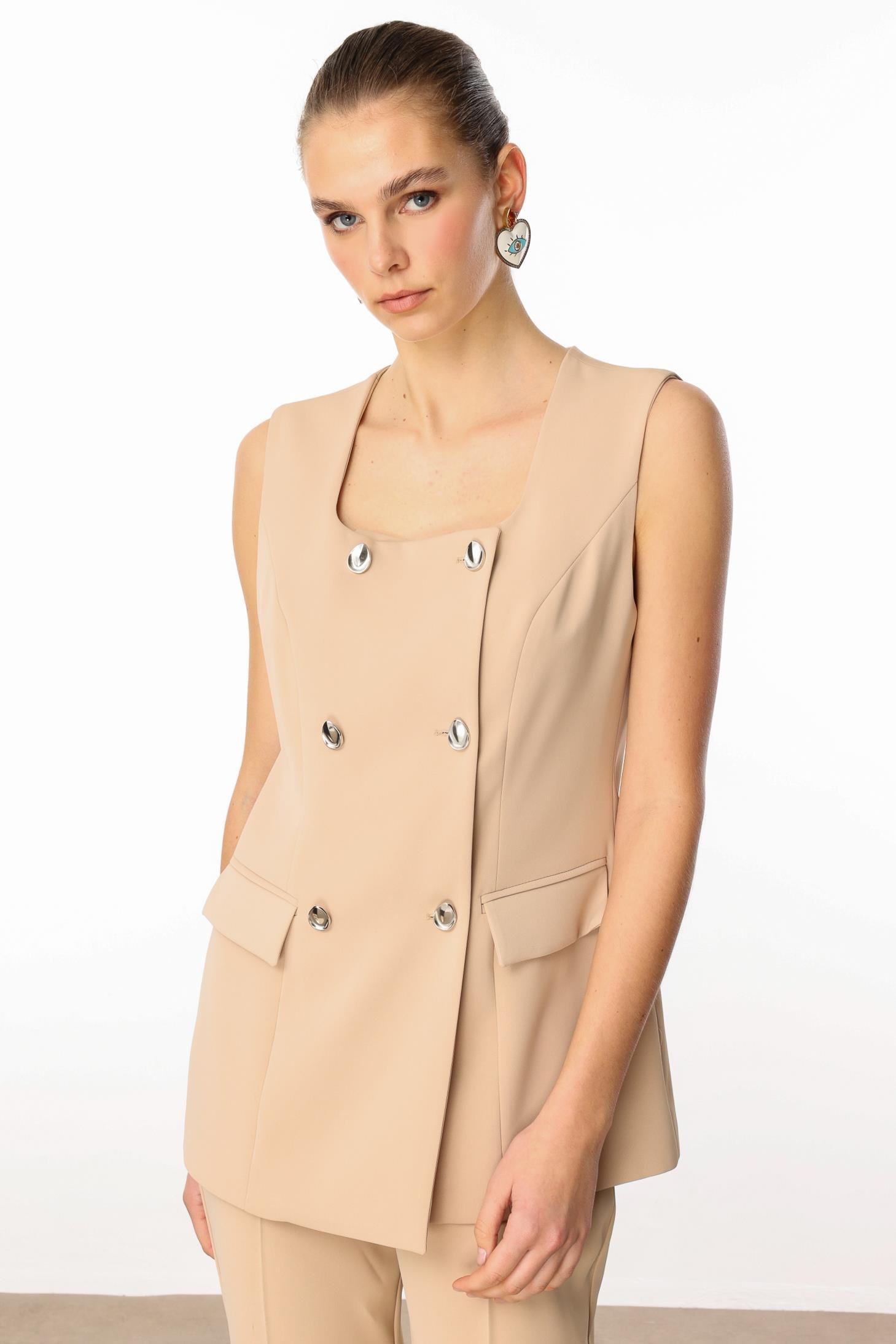 Modailgi  Çift Düğme Detaylı Kare Yaka Uzun Yelek - 4139 Taş