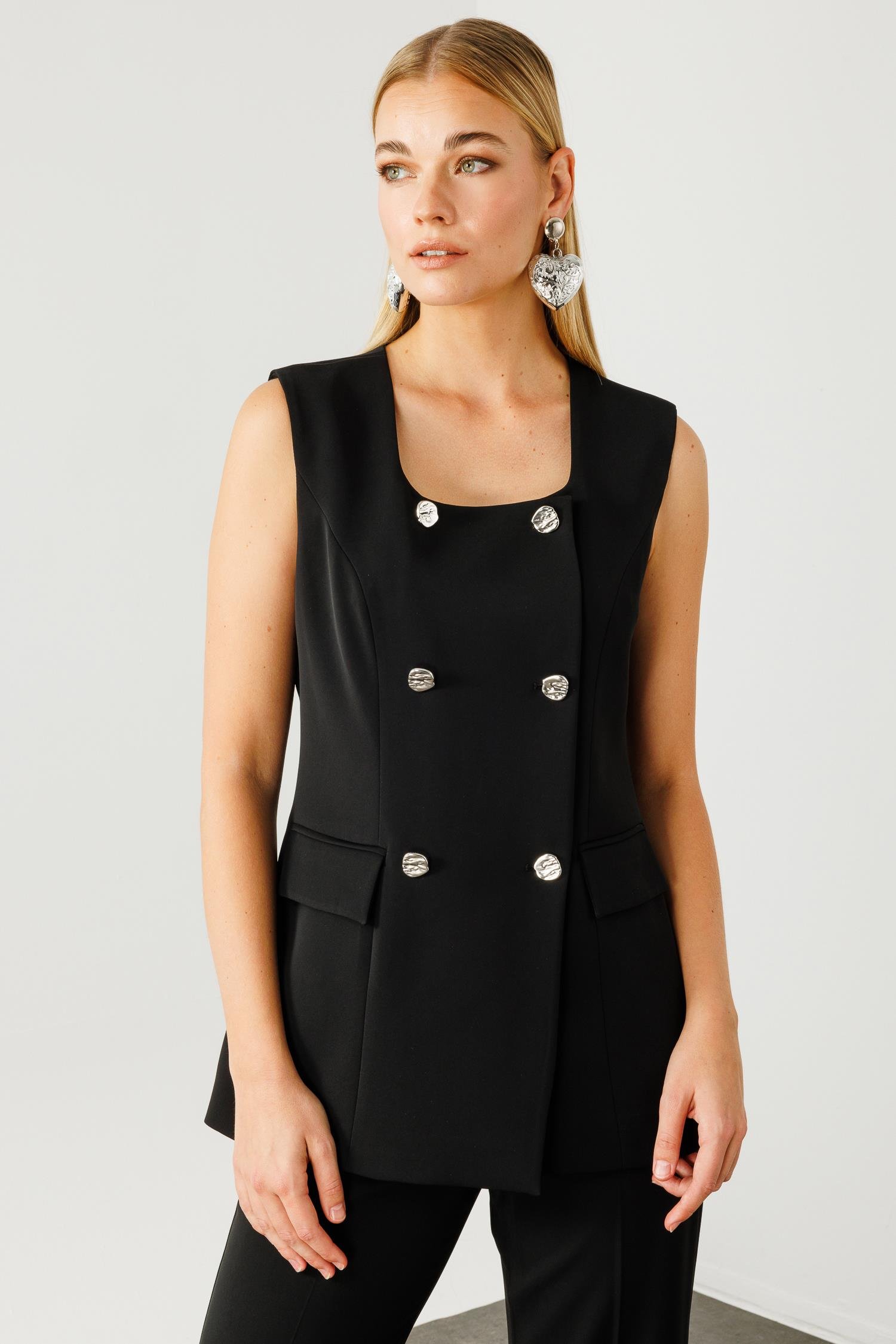 Modailgi  Çift Düğme Detaylı Kare Yaka Uzun Yelek Siyah