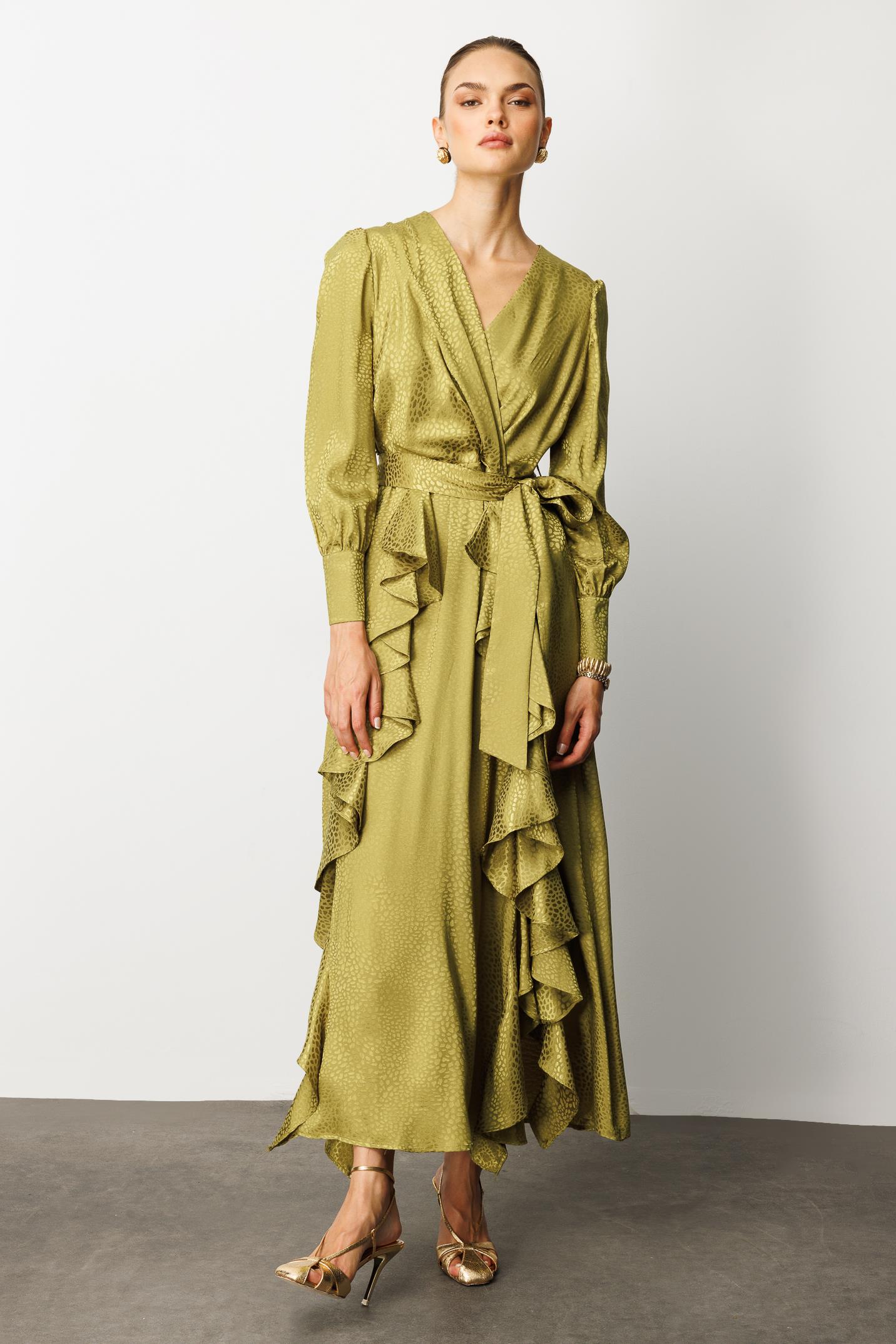 Modailgi  Çift Volanlı Jakar Desenli Kruvaze Elbise OLİVE PUANTİYELİ