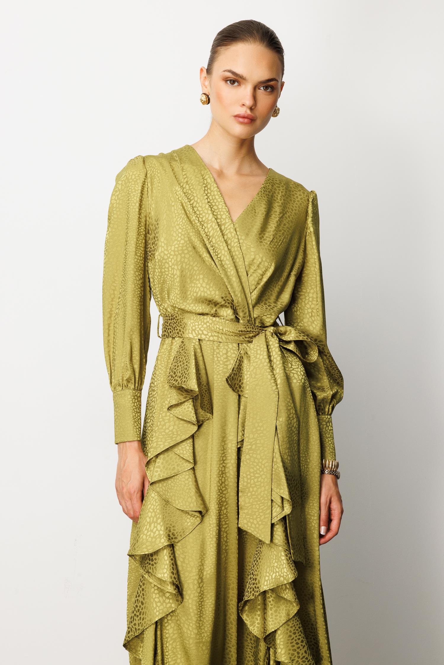 Modailgi  Çift Volanlı Jakar Desenli Kruvaze Elbise OLİVE PUANTİYELİ