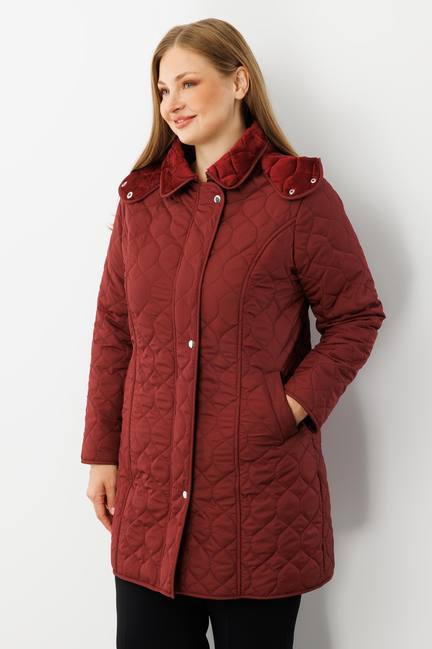 Modailgi  Çıtçıtlı Fermuarlı Soğan Desenli Kapüşonlu Kapitone Kaban Bordo