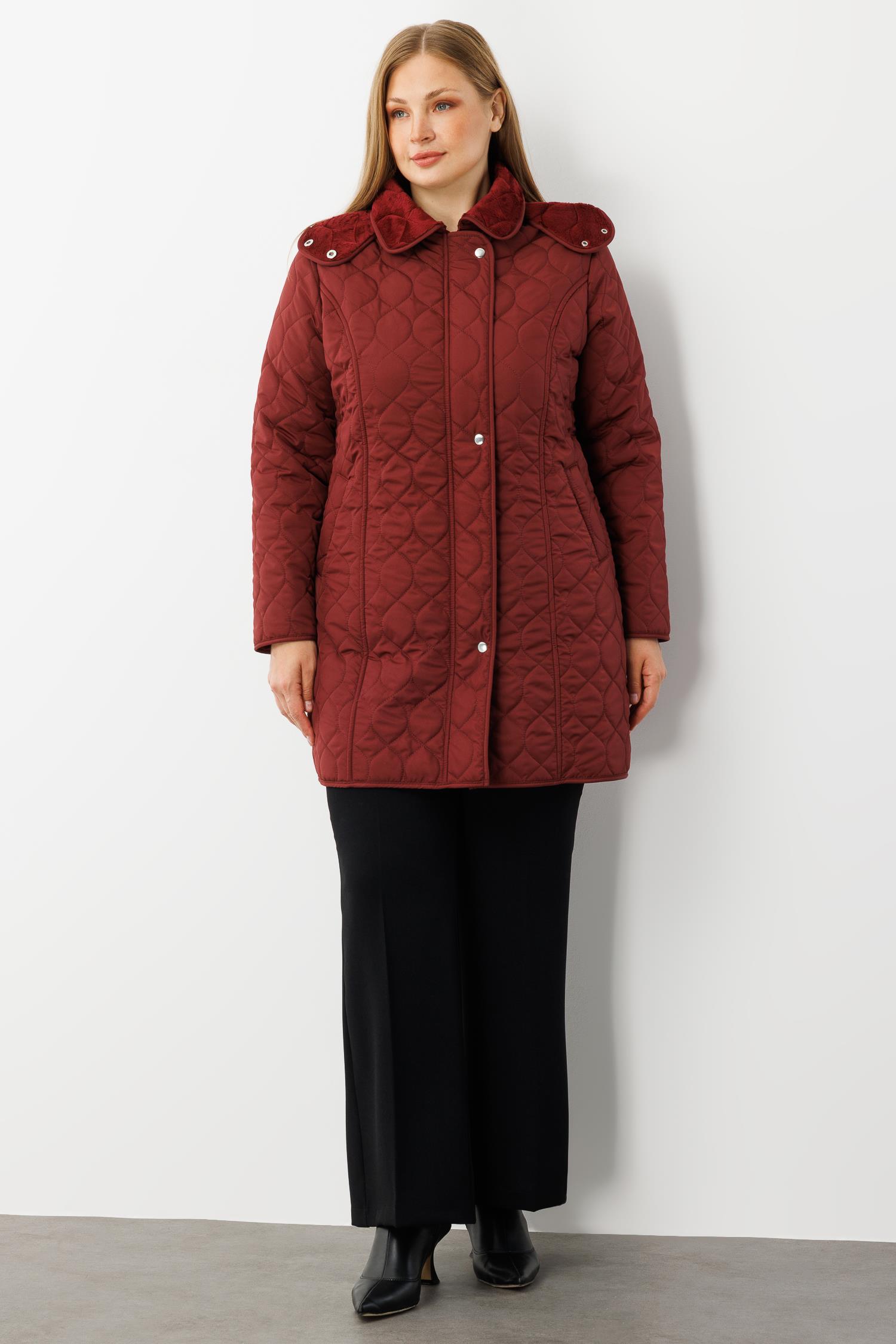 Modailgi  Çıtçıtlı Fermuarlı Soğan Desenli Kapüşonlu Kapitone Kaban Bordo