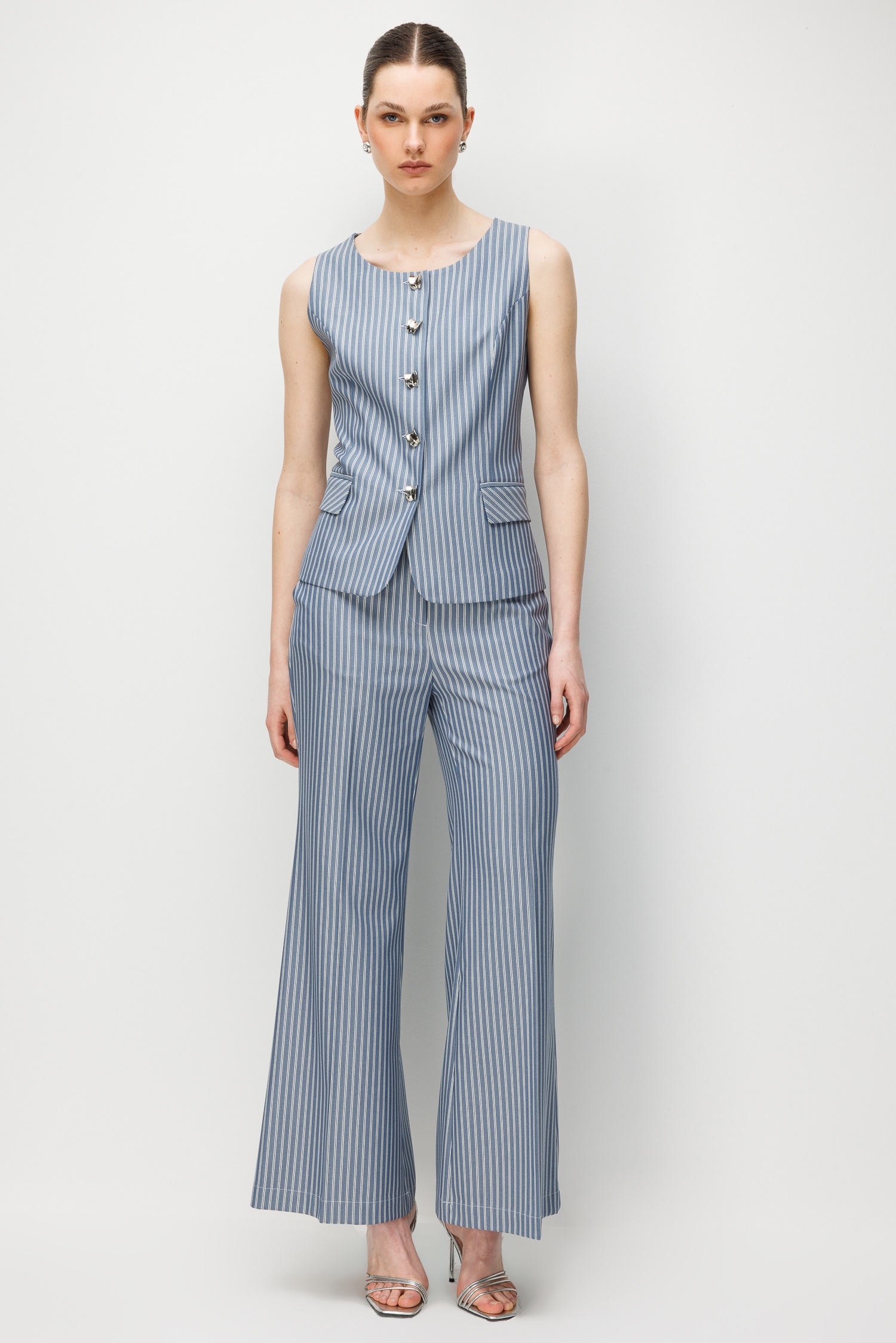 Modailgi  Çizgili Düğme Detaylı Yelek - 40117 Mavi