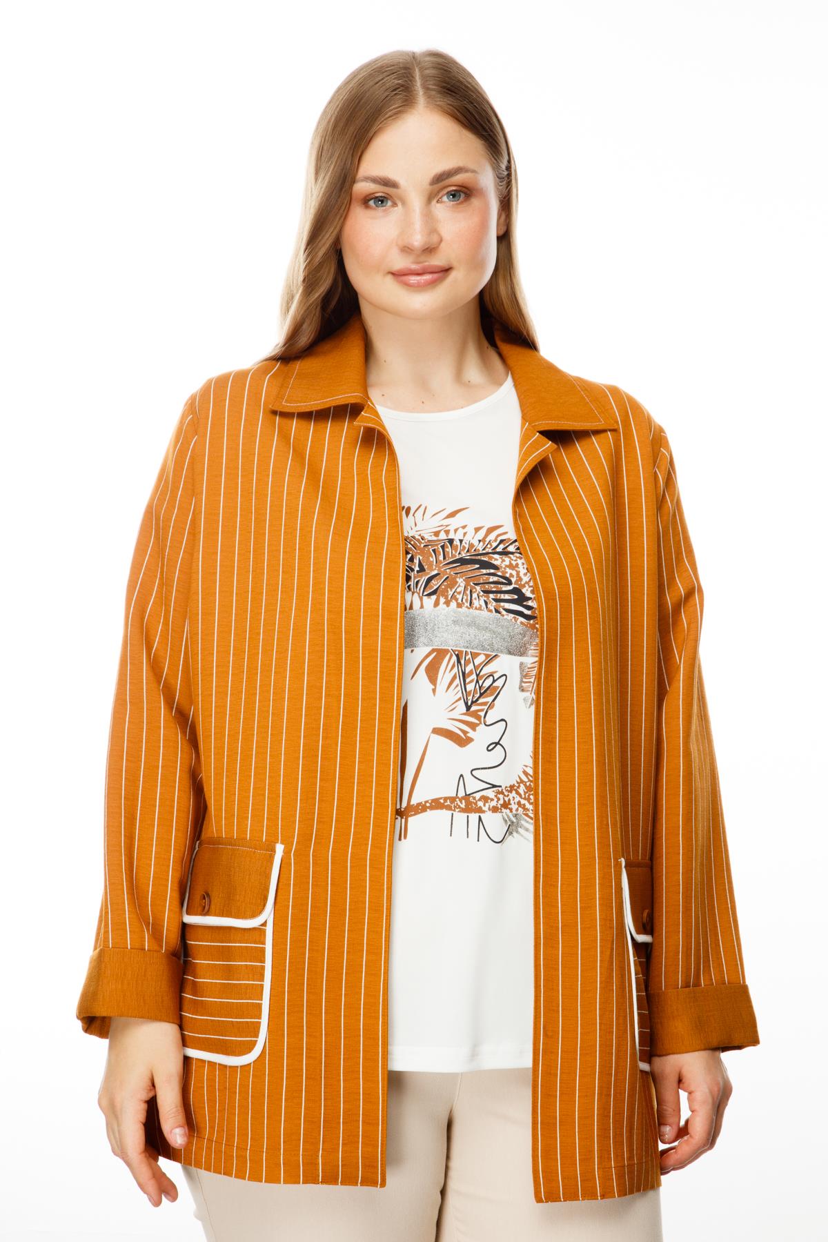 Modailgi  Çizgili Erkek Yaka İkili Ceket Tarçın