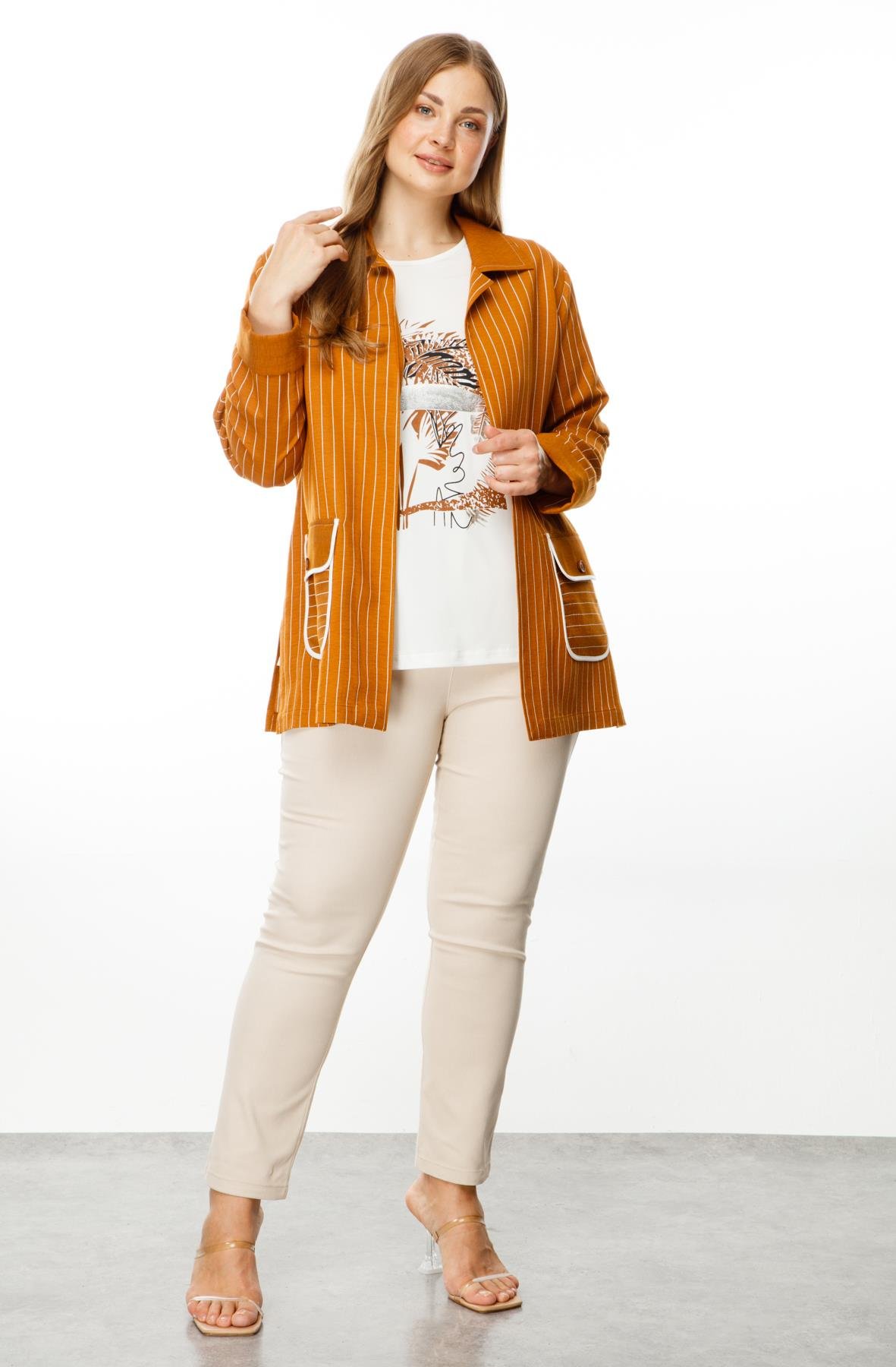 Modailgi  Çizgili Erkek Yaka İkili Ceket Tarçın