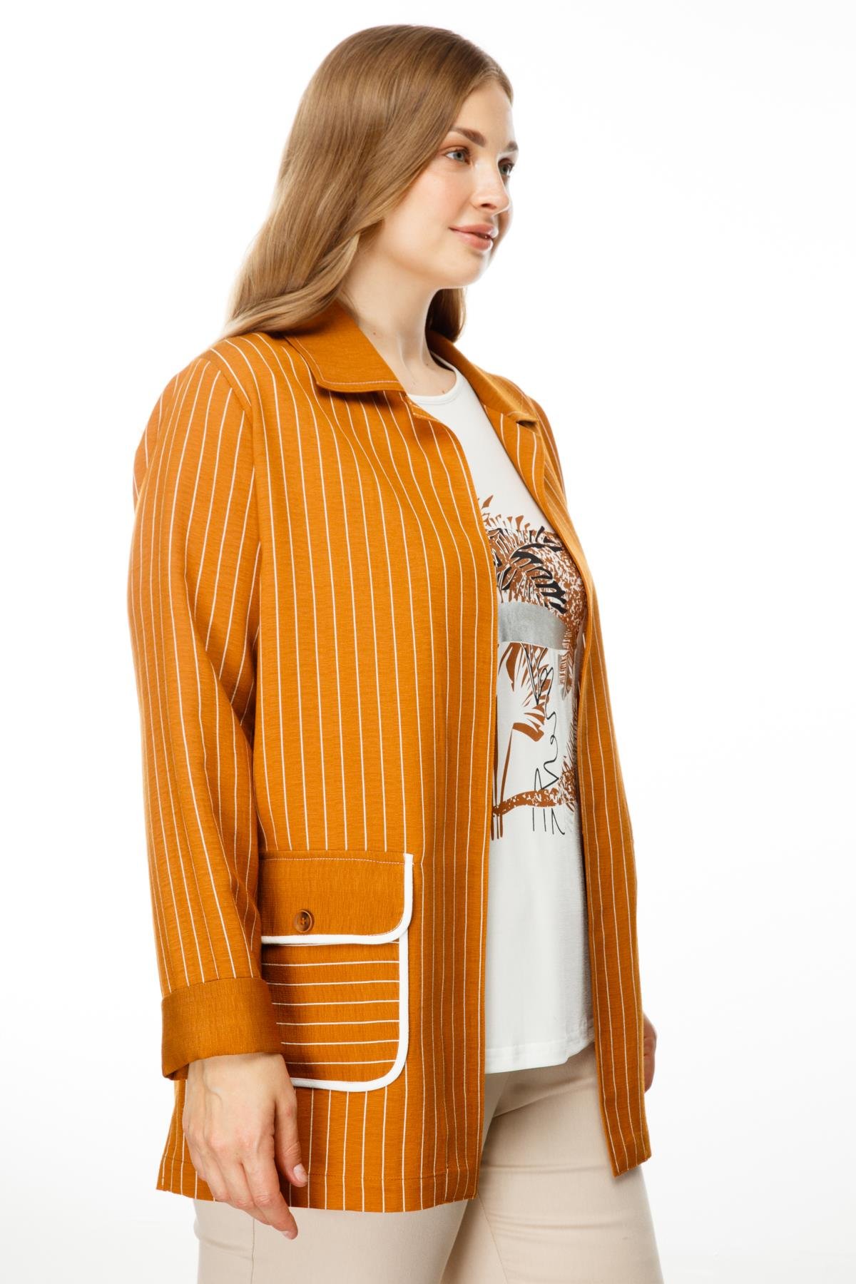 Modailgi  Çizgili Erkek Yaka İkili Ceket Tarçın