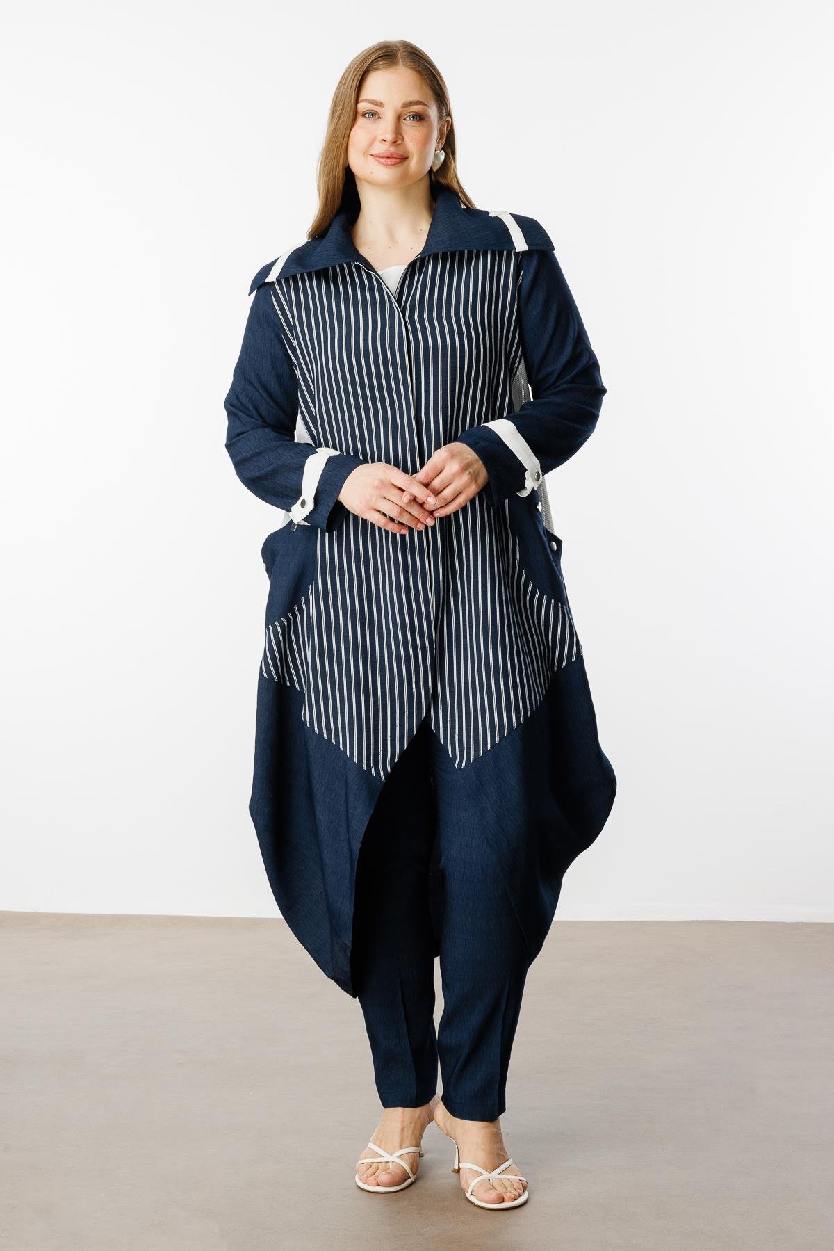 Modailgi  Çizgili File Detaylı Kap Lacivert