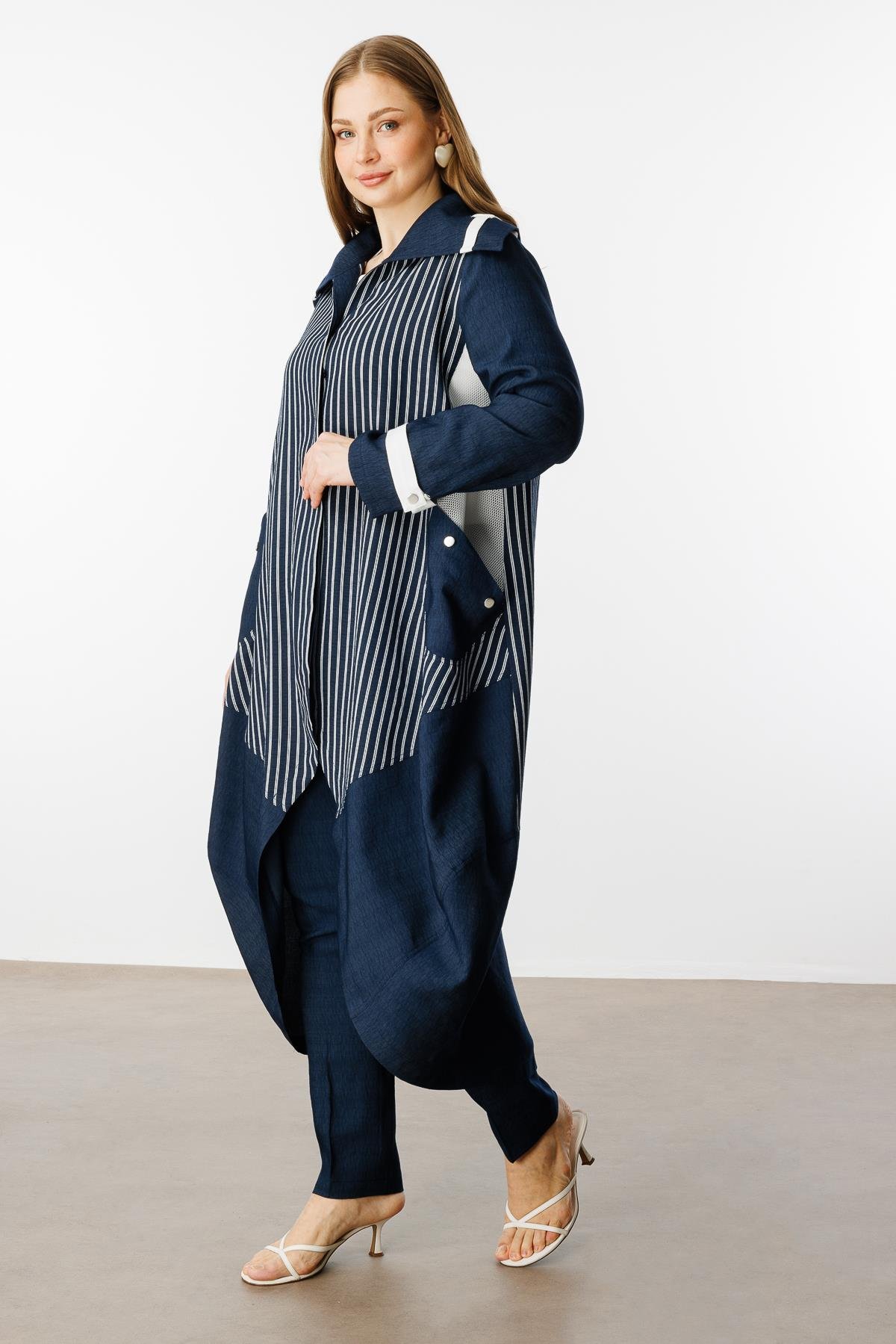 Modailgi  Çizgili File Detaylı Kap Lacivert