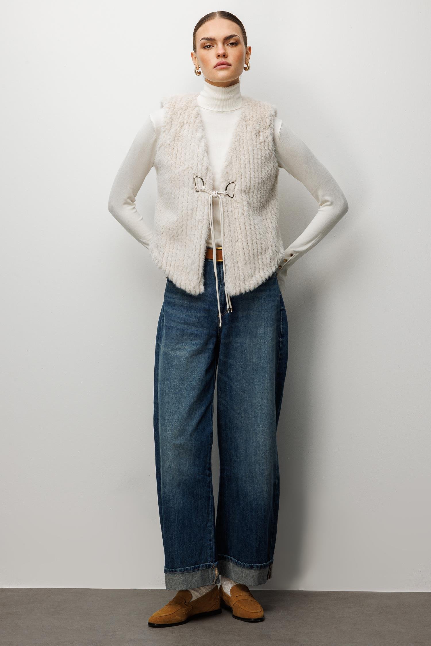 Modailgi  Çizgili Kısa Peluş Yelek Kemik